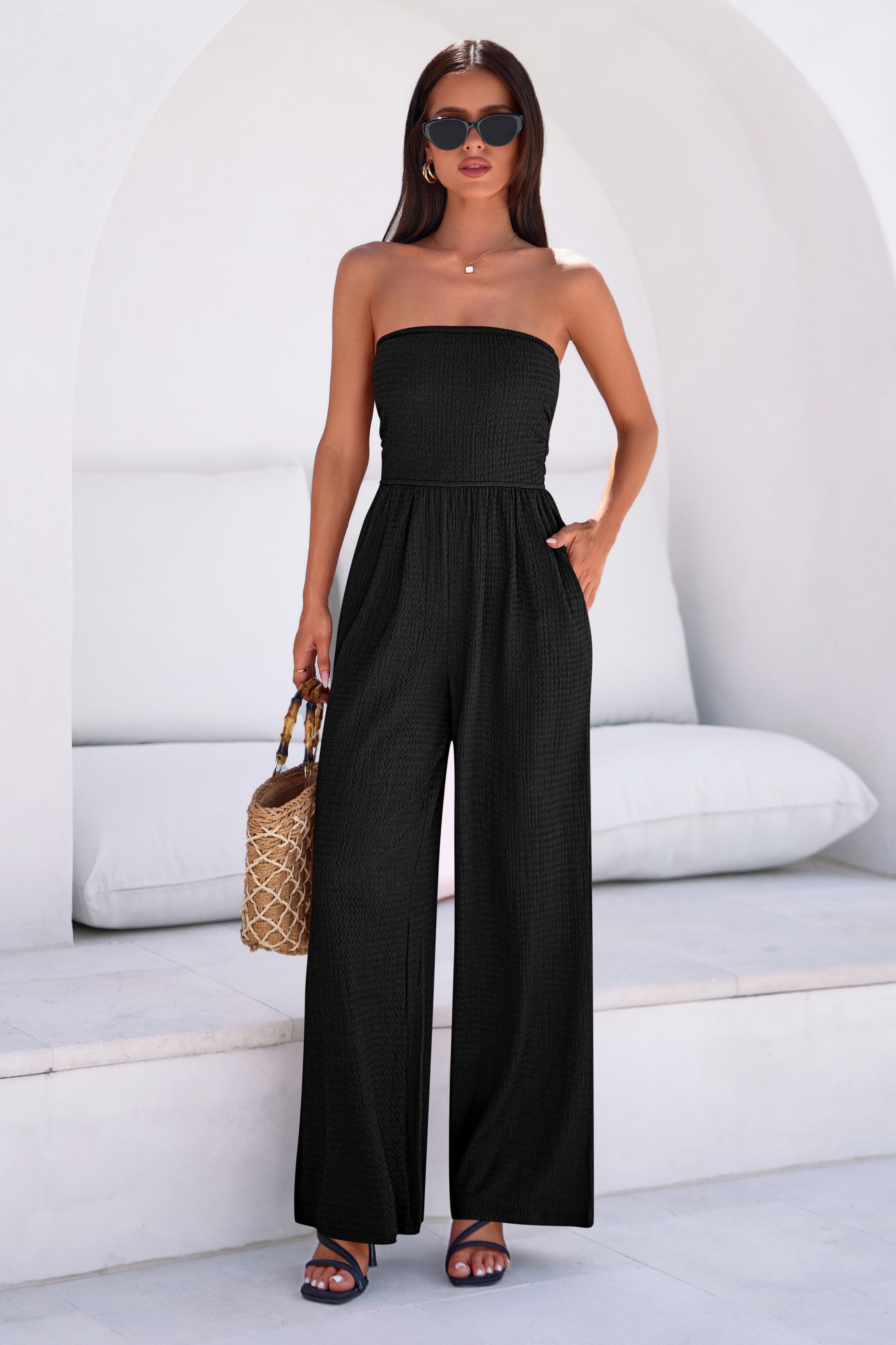 MASCOMODA One Piece Jumpsuits for Women Strapless Smocked Casual Rompers Long Pants with Pockets Vacation Summer Outfits