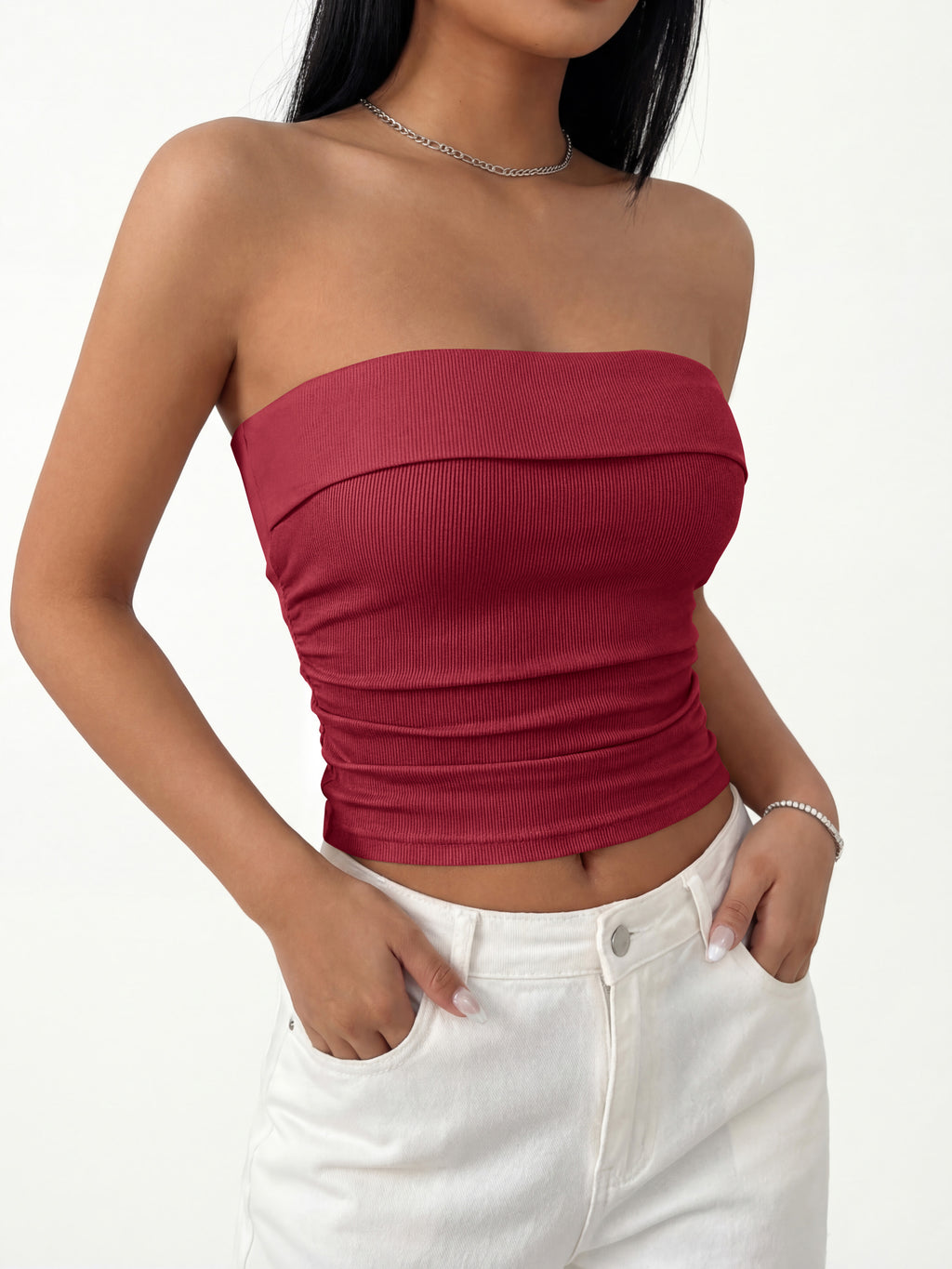 MASCOMODA Womens Fashion 2026 Summer Tube Top Strapless Bandeau Ruched Basic Backless Sleeveless Going Out Tops Y2k Clothes