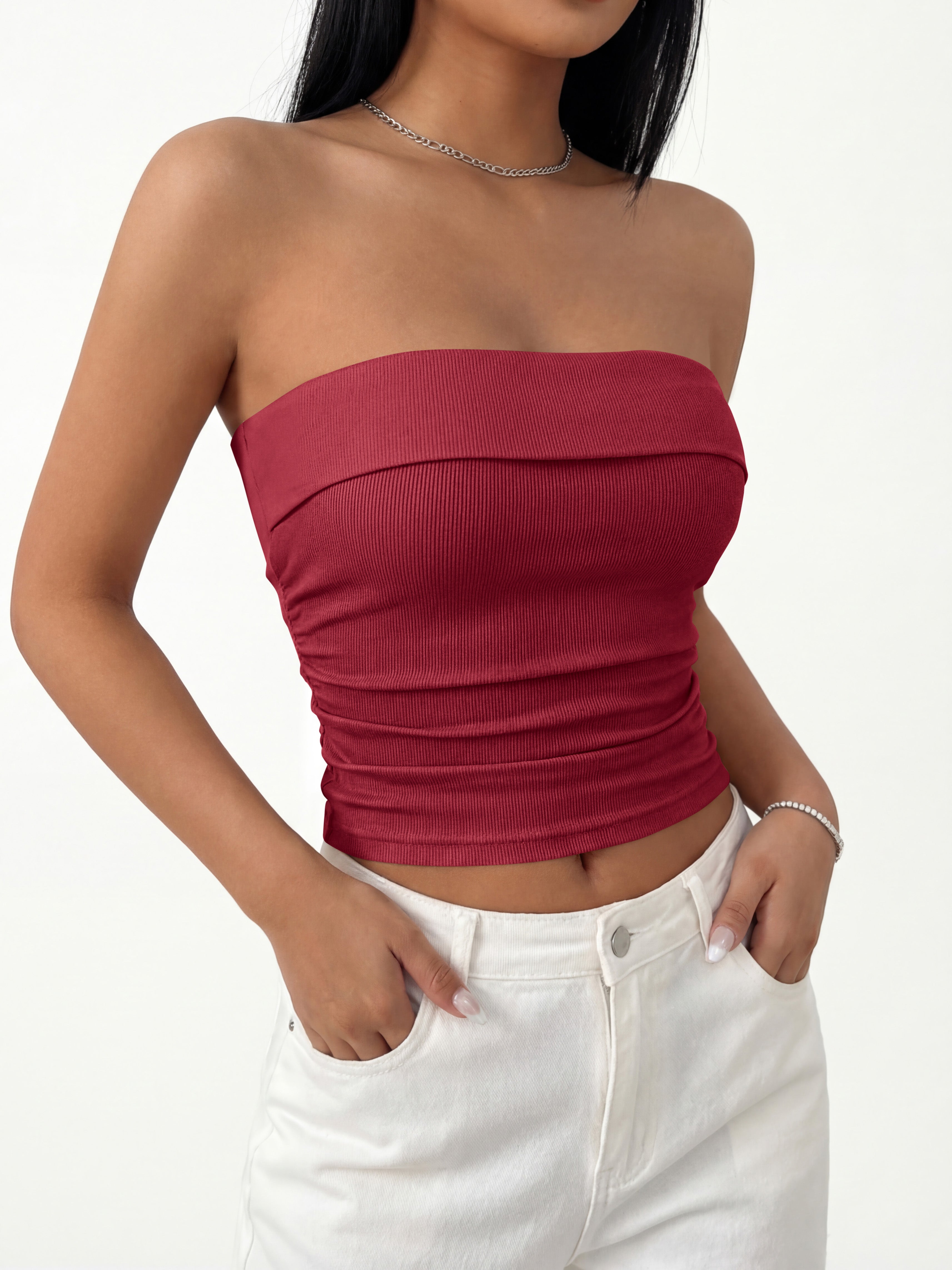 MASCOMODA Womens Fashion 2026 Summer Tube Top Strapless Bandeau Ruched Basic Backless Sleeveless Going Out Tops Y2k Clothes