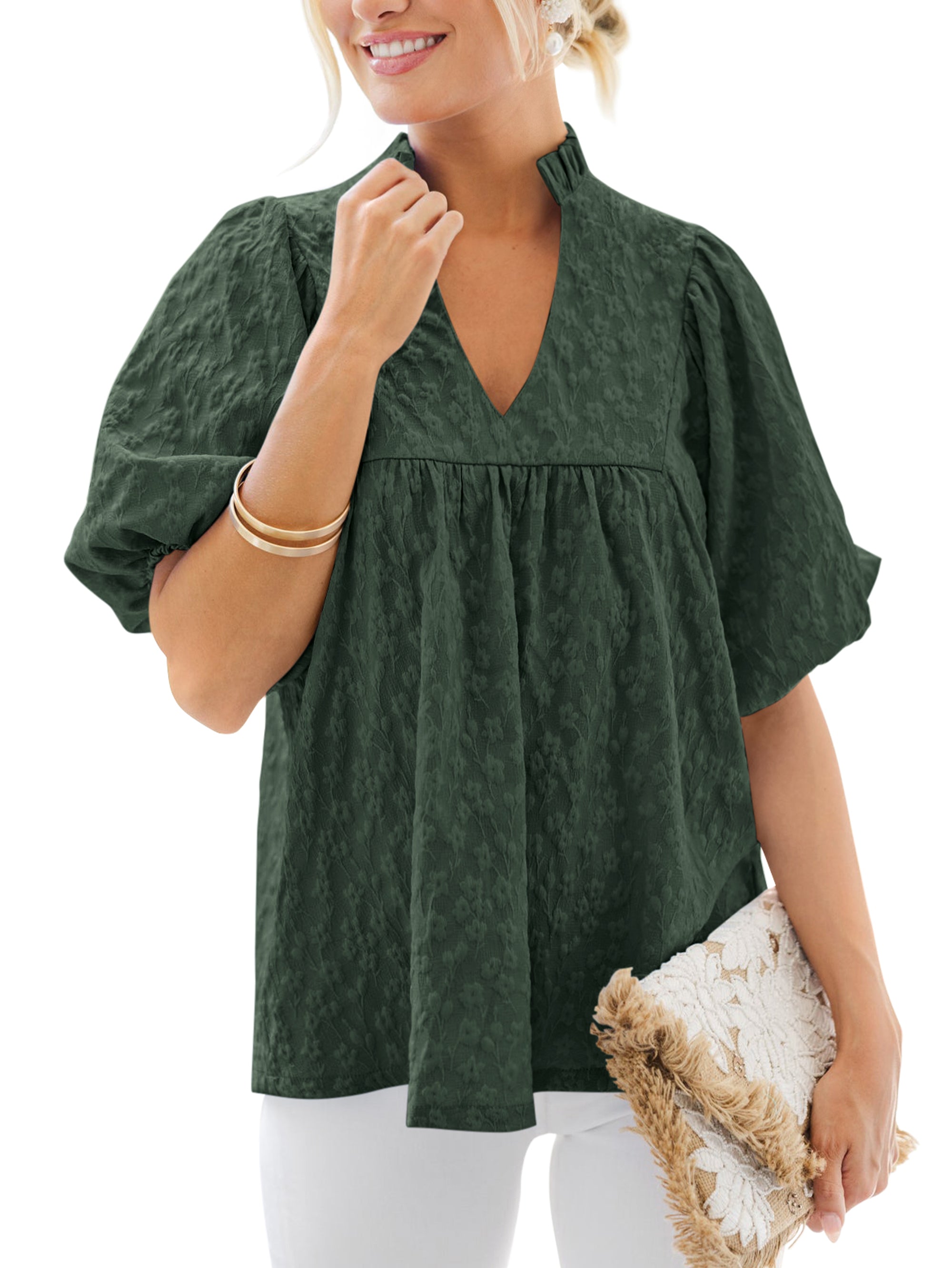 MASCOMODA Womens Summer Tops 2026 Ruffle V Neck Blouses Loose Puff Short Sleeve Jacquard Babydoll Tops Casual Dressy T-Shirts