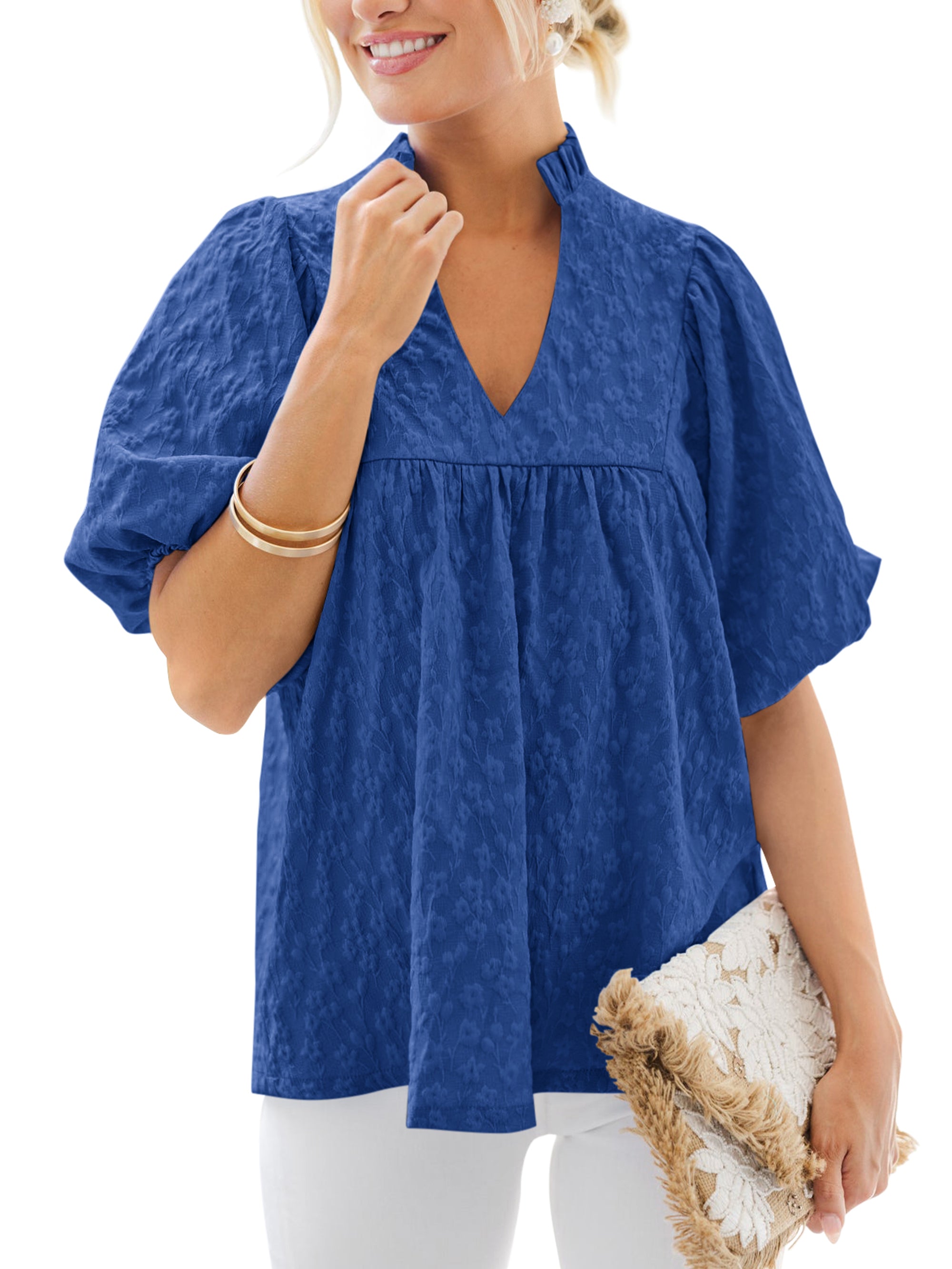 MASCOMODA Womens Summer Tops 2026 Ruffle V Neck Blouses Loose Puff Short Sleeve Jacquard Babydoll Tops Casual Dressy T-Shirts