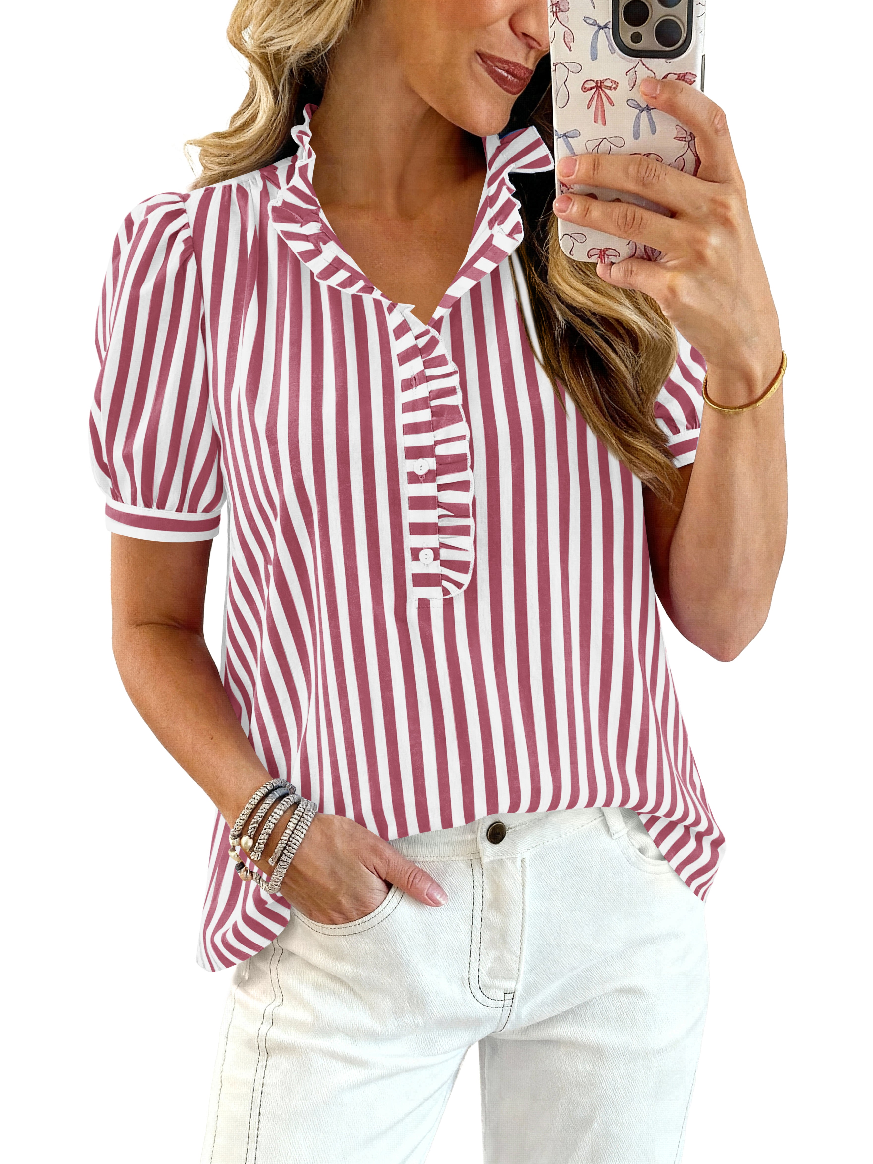 MASCOMODA Women's Short Puff Sleeve V Neck Ruffled Trim Striped Plaid Shirts Summer Casual Tops Button Up Work Blouse