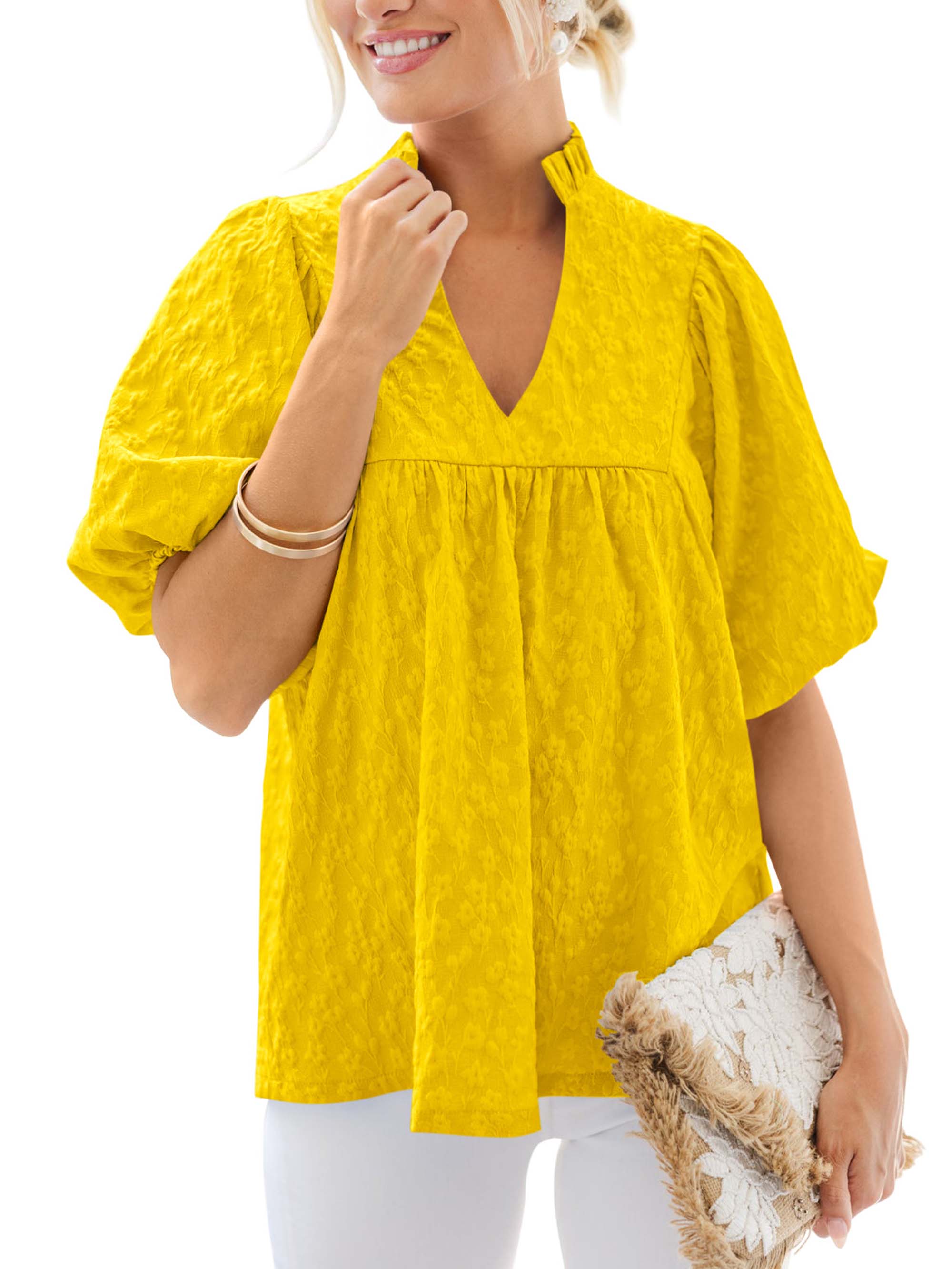 MASCOMODA Womens Summer Tops 2026 Ruffle V Neck Blouses Loose Puff Short Sleeve Jacquard Babydoll Tops Casual Dressy T-Shirts