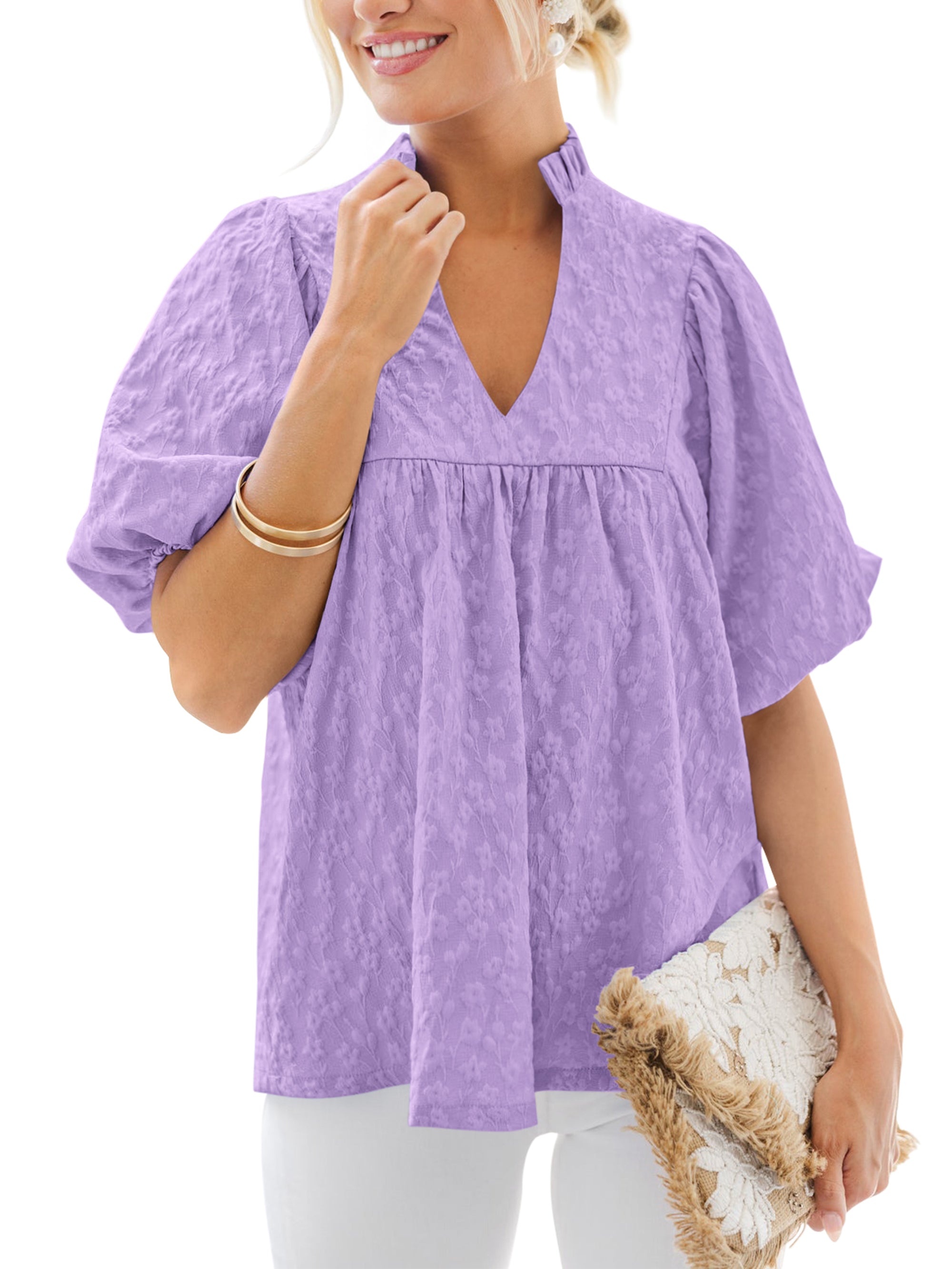 MASCOMODA Womens Summer Tops 2026 Ruffle V Neck Blouses Loose Puff Short Sleeve Jacquard Babydoll Tops Casual Dressy T-Shirts