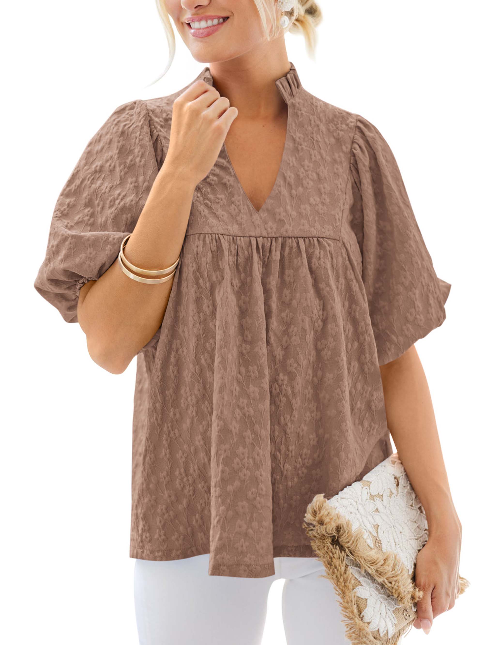 MASCOMODA Womens Summer Tops 2026 Ruffle V Neck Blouses Loose Puff Short Sleeve Jacquard Babydoll Tops Casual Dressy T-Shirts