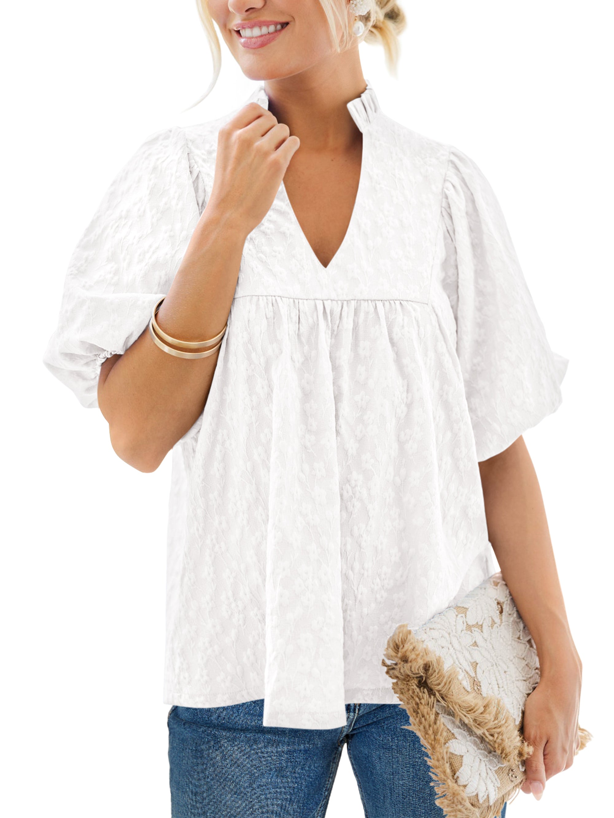 MASCOMODA Womens Summer Tops 2026 Ruffle V Neck Blouses Loose Puff Short Sleeve Jacquard Babydoll Tops Casual Dressy T-Shirts