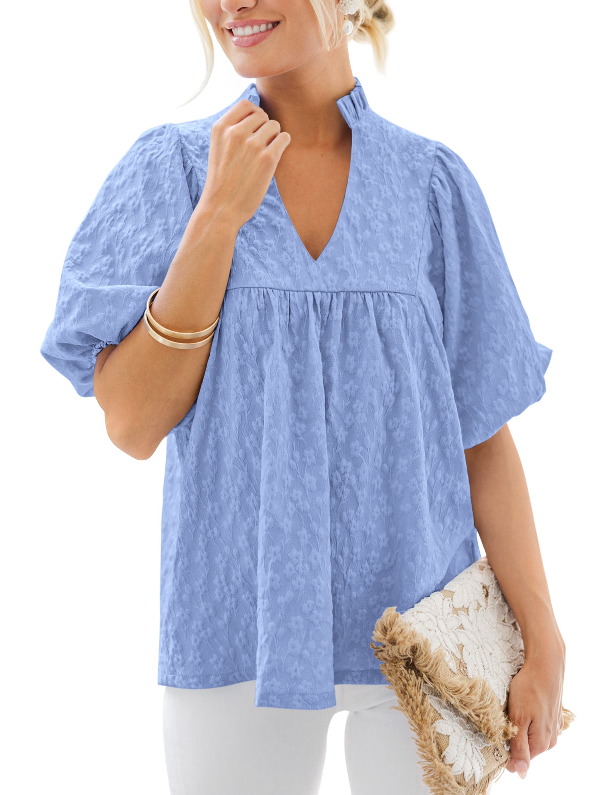 MASCOMODA Womens Summer Tops 2026 Ruffle V Neck Blouses Loose Puff Short Sleeve Jacquard Babydoll Tops Casual Dressy T-Shirts