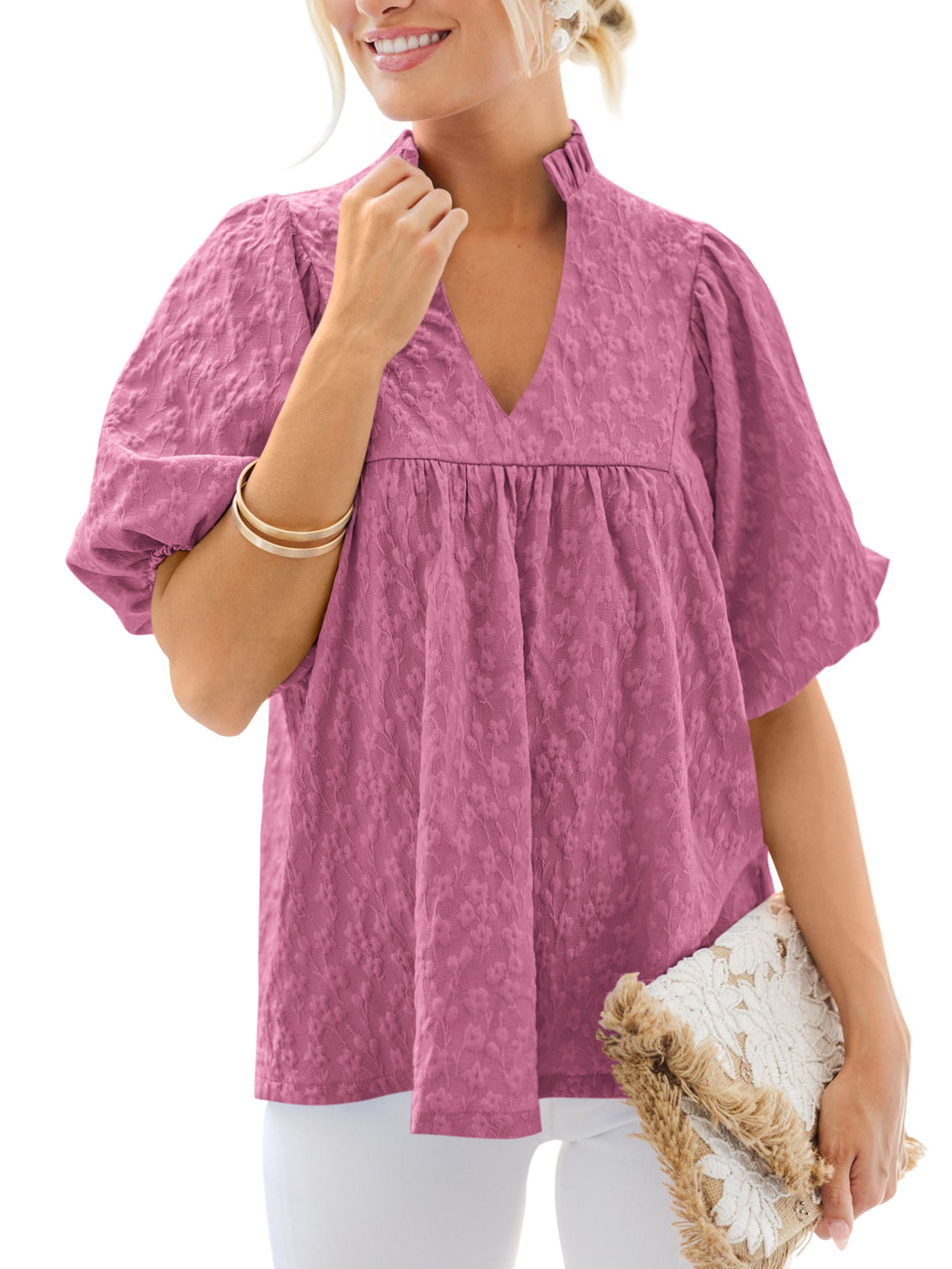 MASCOMODA Womens Summer Tops 2026 Ruffle V Neck Blouses Loose Puff Short Sleeve Jacquard Babydoll Tops Casual Dressy T-Shirts