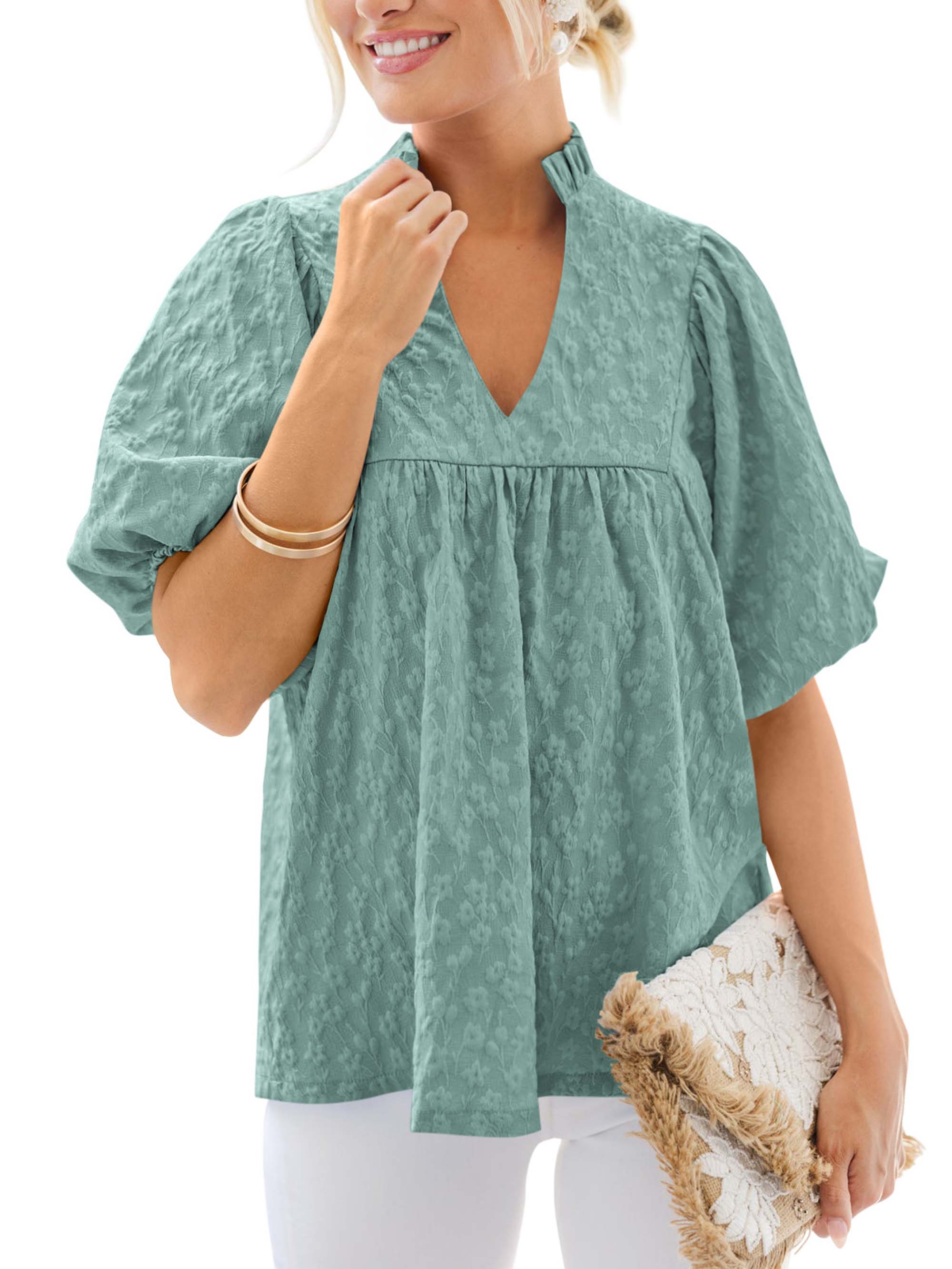 MASCOMODA Womens Summer Tops 2026 Ruffle V Neck Blouses Loose Puff Short Sleeve Jacquard Babydoll Tops Casual Dressy T-Shirts