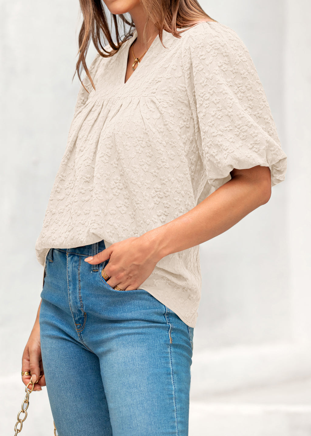 MASCOMODA Womens Summer Tops 2026 Ruffle V Neck Blouses Loose Puff Short Sleeve Jacquard Babydoll Tops Casual Dressy T-Shirts