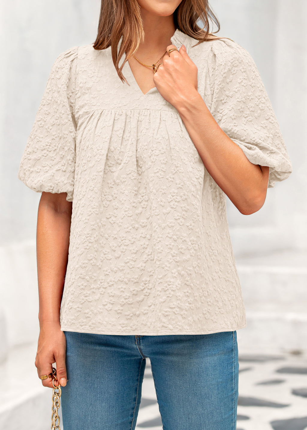 MASCOMODA Womens Summer Tops 2026 Ruffle V Neck Blouses Loose Puff Short Sleeve Jacquard Babydoll Tops Casual Dressy T-Shirts