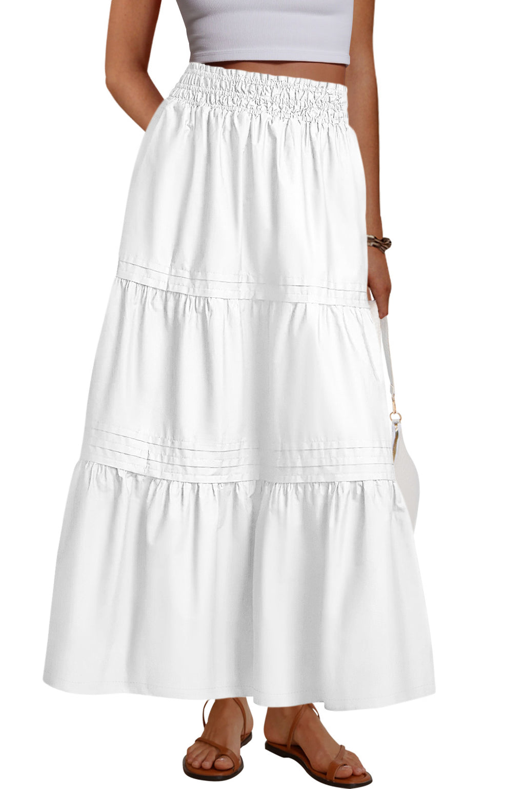 MASCOMODA Casual Long Skirts for Women A Line Boho Swing High Waisted Tiered Flowy Maxi Skirt Beach Summer Fashion 2025