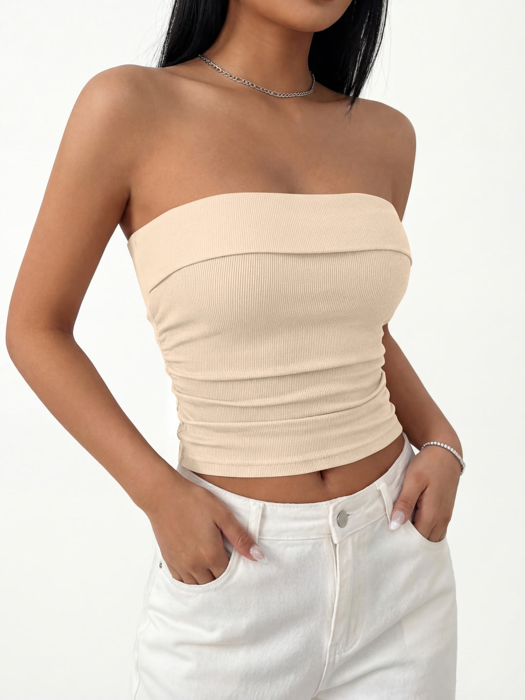 MASCOMODA Womens Fashion 2026 Summer Tube Top Strapless Bandeau Ruched Basic Backless Sleeveless Going Out Tops Y2k Clothes