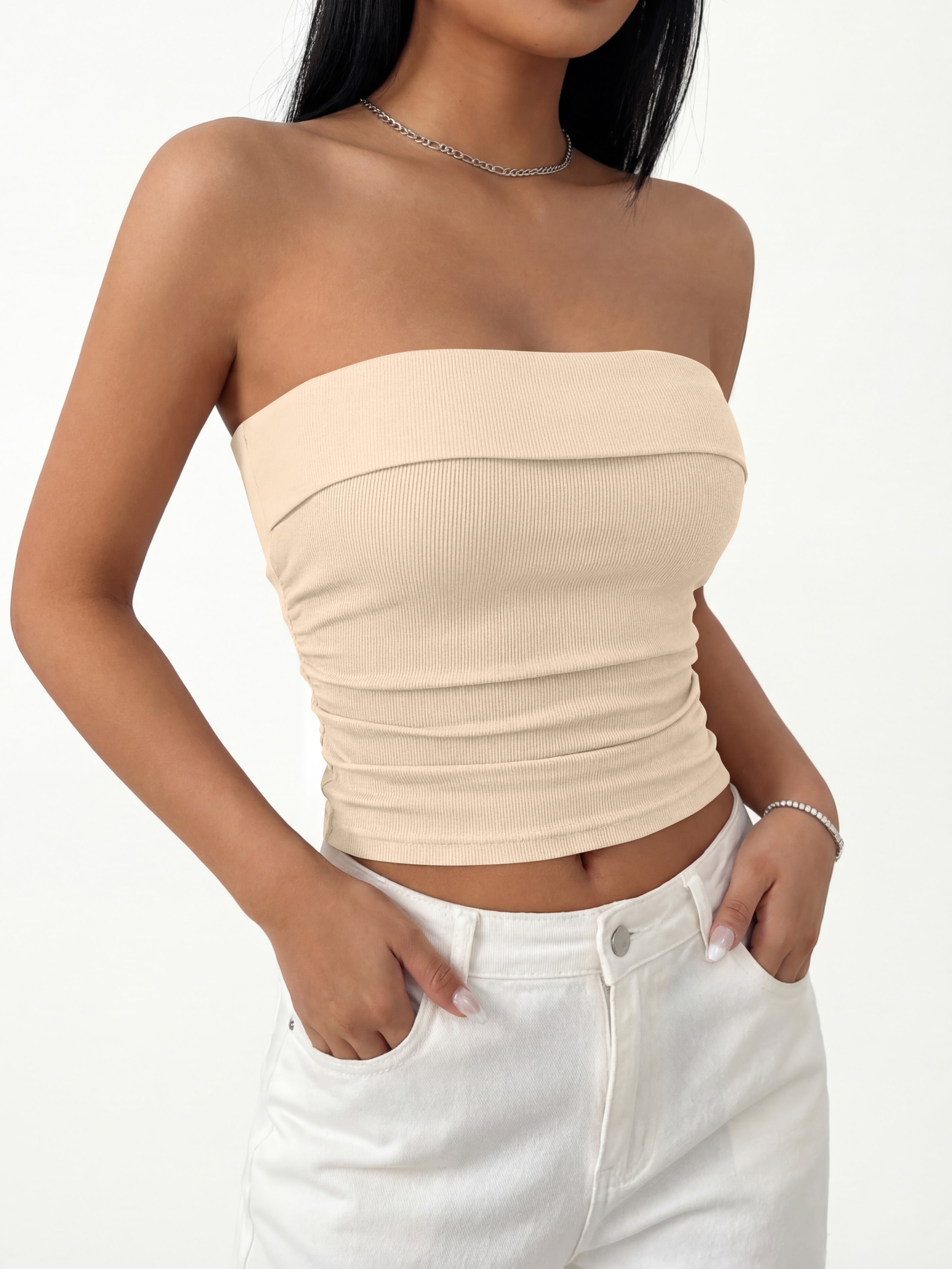 MASCOMODA Womens Fashion 2026 Summer Tube Top Strapless Bandeau Ruched Basic Backless Sleeveless Going Out Tops Y2k Clothes