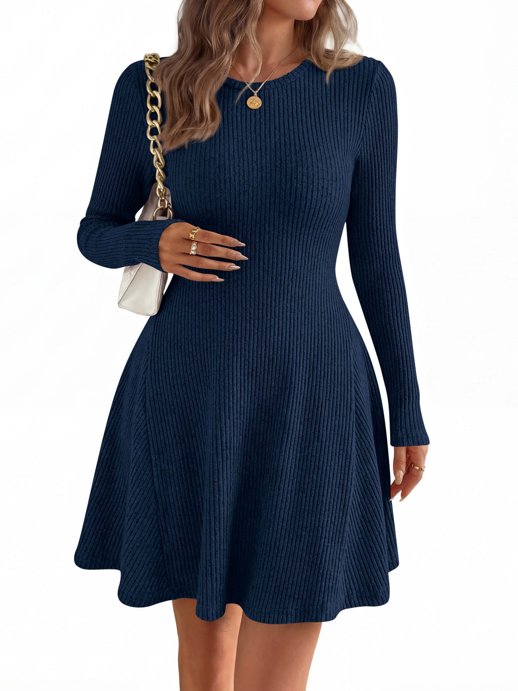 MASCOMODA Womens Fall Fashion 2026 Long Sleeve Mini Sweater Dress Casual Crewneck Ribbed Knit A Line Short Cocktail Dresses