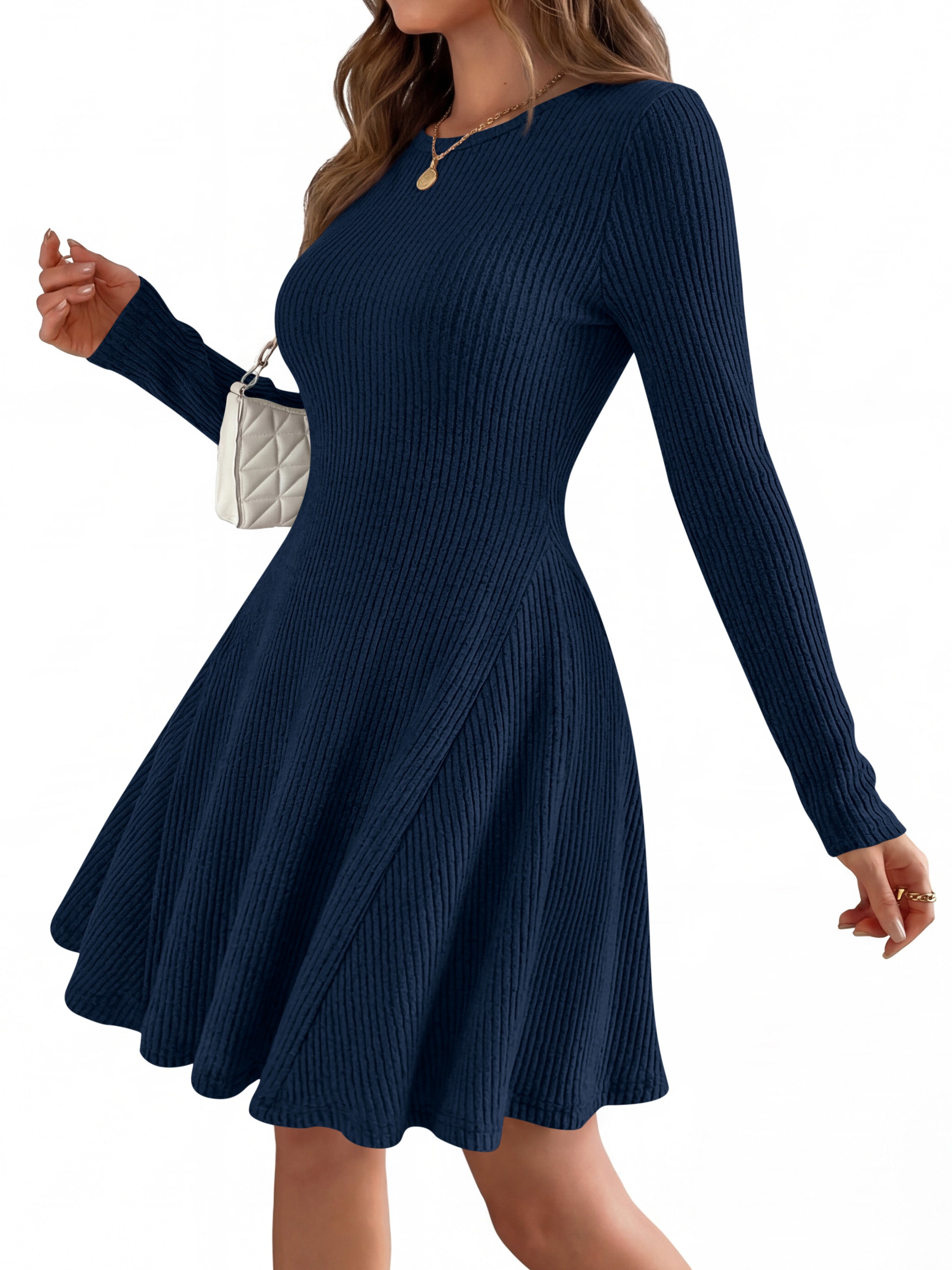 MASCOMODA Womens Fall Fashion 2026 Long Sleeve Mini Sweater Dress Casual Crewneck Ribbed Knit A Line Short Cocktail Dresses