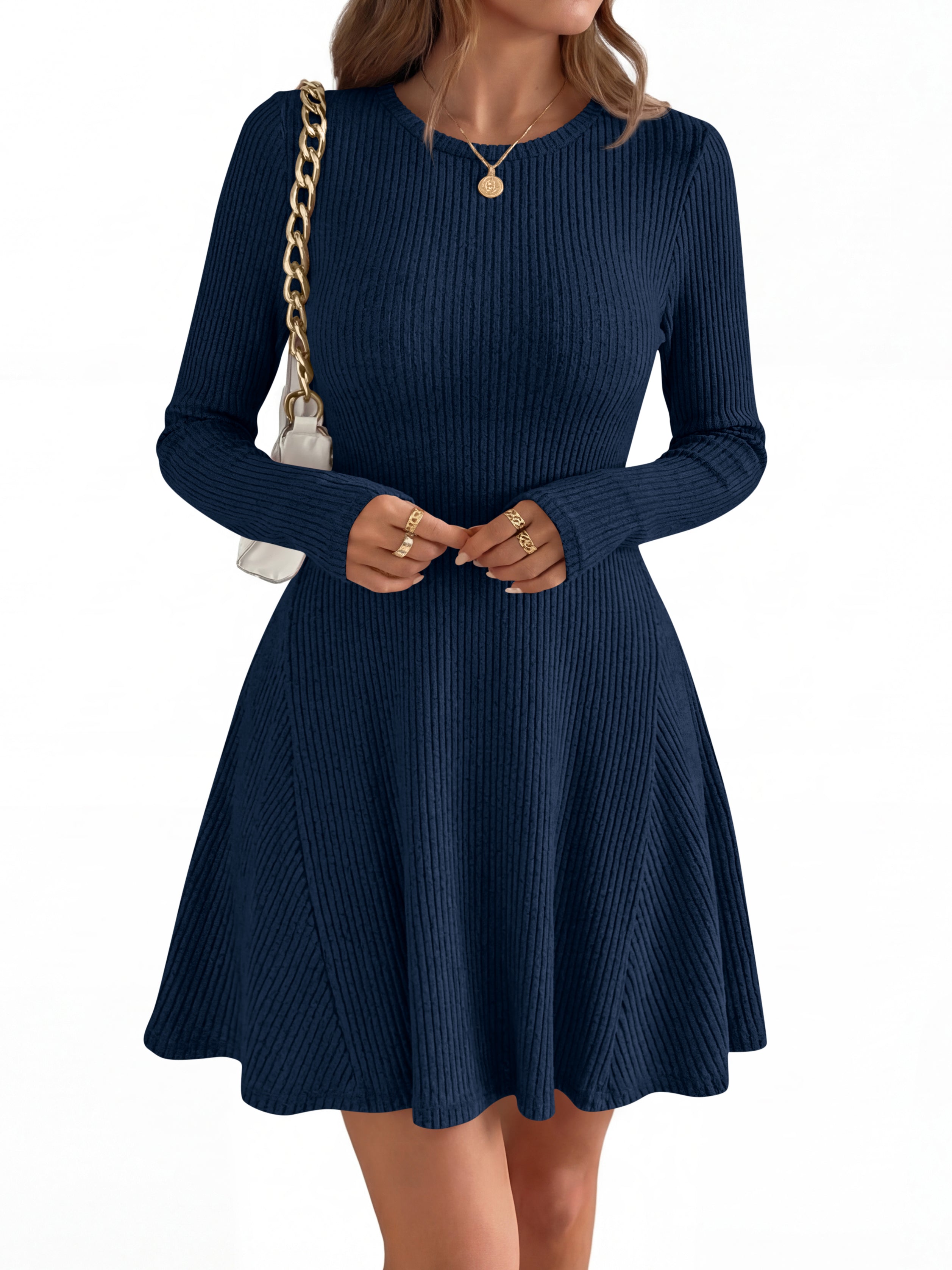 MASCOMODA Womens Fall Fashion 2026 Long Sleeve Mini Sweater Dress Casual Crewneck Ribbed Knit A Line Short Cocktail Dresses