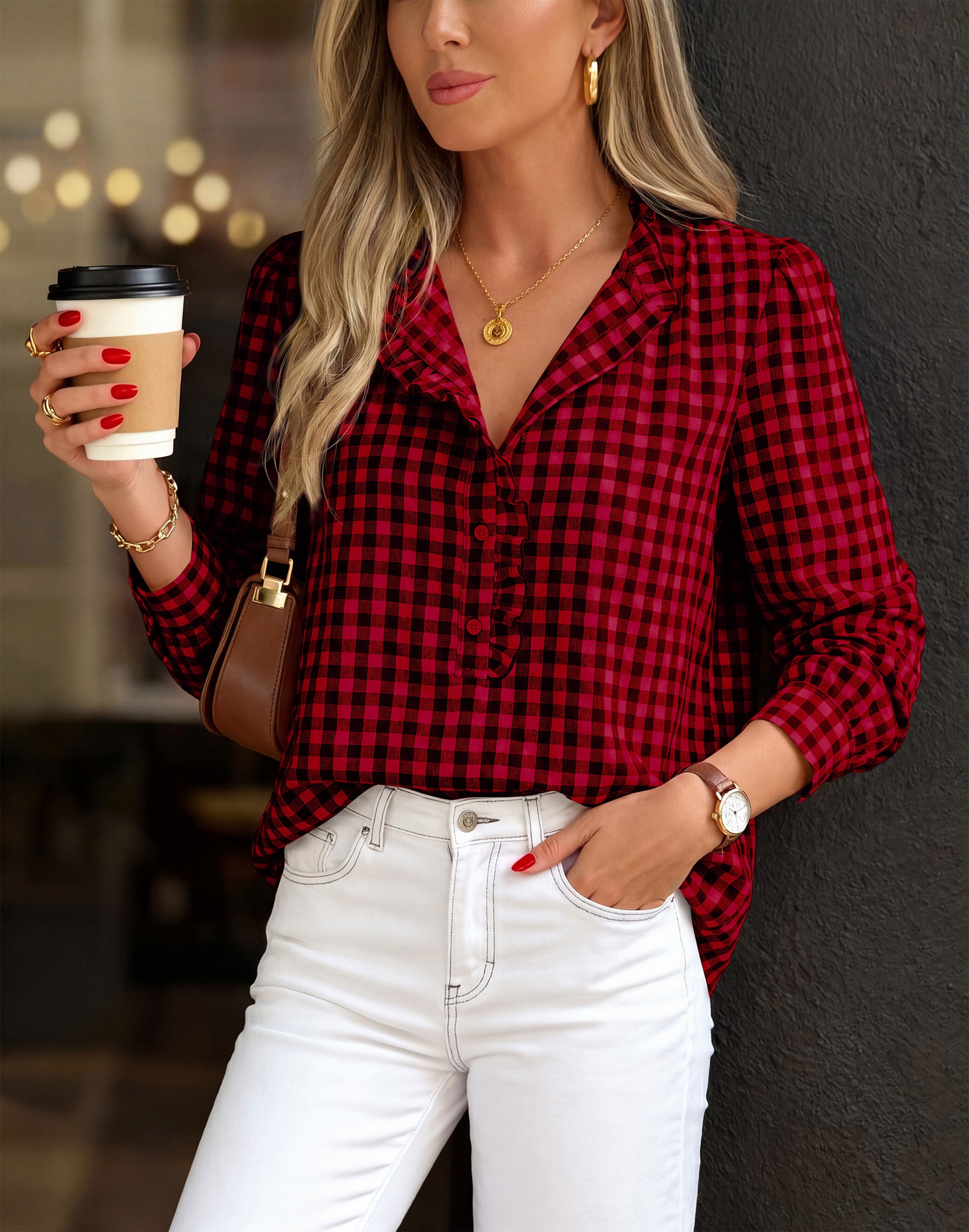 MASCOMODA Womens Long Sleeve Button Down Tops Plaid Shirts | 100% Cotton Shirts, Lightweight, Ruffled Collar, Puff Sleeve Gingham Top, Business Casual Work Blouses, Fall Office Wear