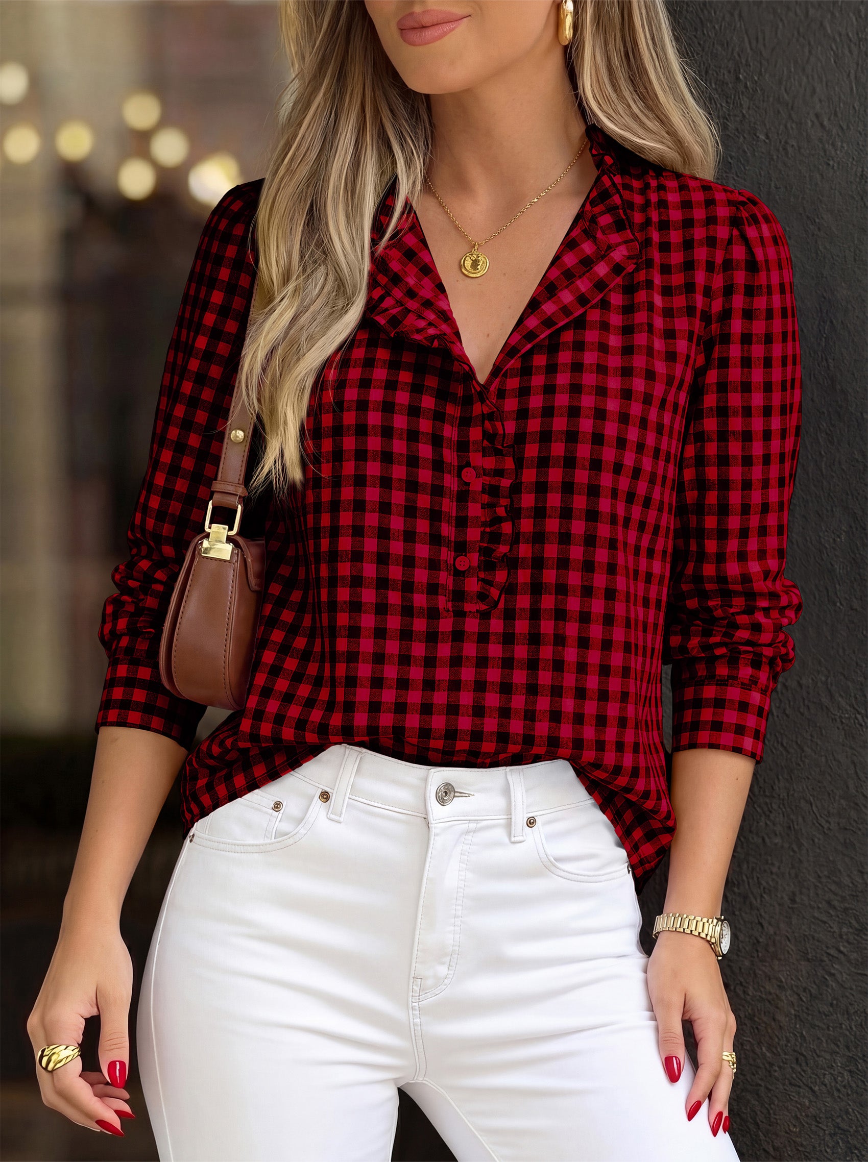 MASCOMODA Womens Long Sleeve Button Down Tops Plaid Shirts | 100% Cotton Shirts, Lightweight, Ruffled Collar, Puff Sleeve Gingham Top, Business Casual Work Blouses, Fall Office Wear