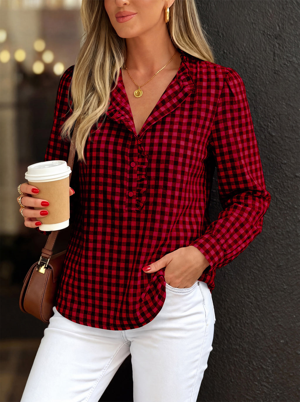 MASCOMODA Womens Long Sleeve Button Down Tops Plaid Shirts | 100% Cotton Shirts, Lightweight, Ruffled Collar, Puff Sleeve Gingham Top, Business Casual Work Blouses, Fall Office Wear