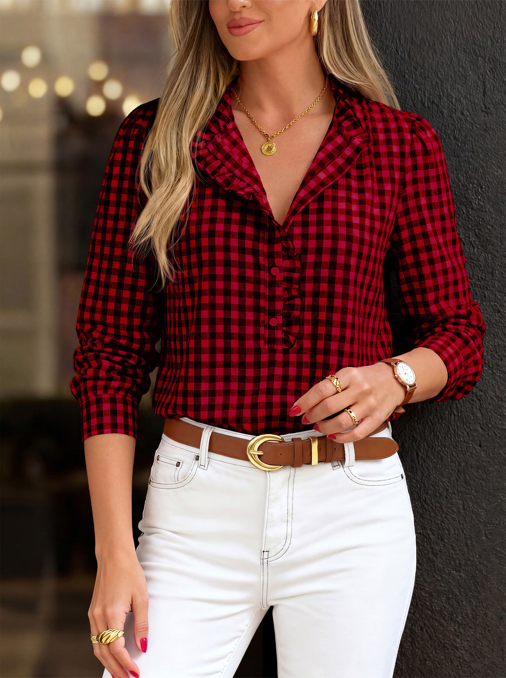 MASCOMODA Womens Long Sleeve Button Down Tops Plaid Shirts | 100% Cotton Shirts, Lightweight, Ruffled Collar, Puff Sleeve Gingham Top, Business Casual Work Blouses, Fall Office Wear