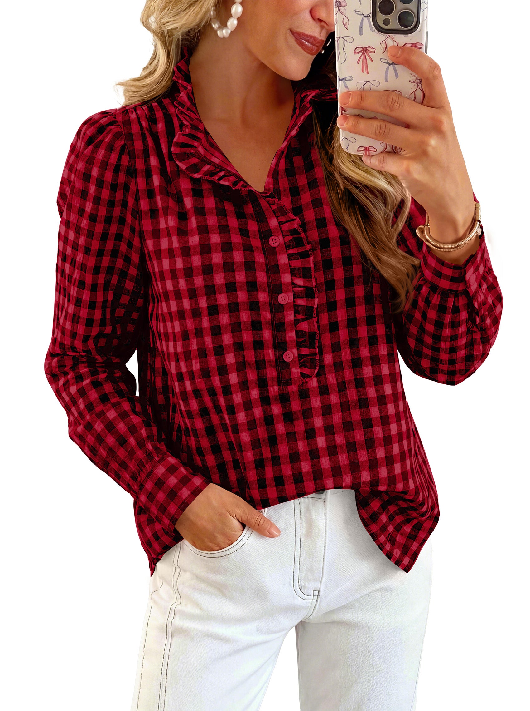 MASCOMODA Womens Long Sleeve Button Down Tops Plaid Shirts | 100% Cotton Shirts, Lightweight, Ruffled Collar, Puff Sleeve Gingham Top, Business Casual Work Blouses, Fall Office Wear