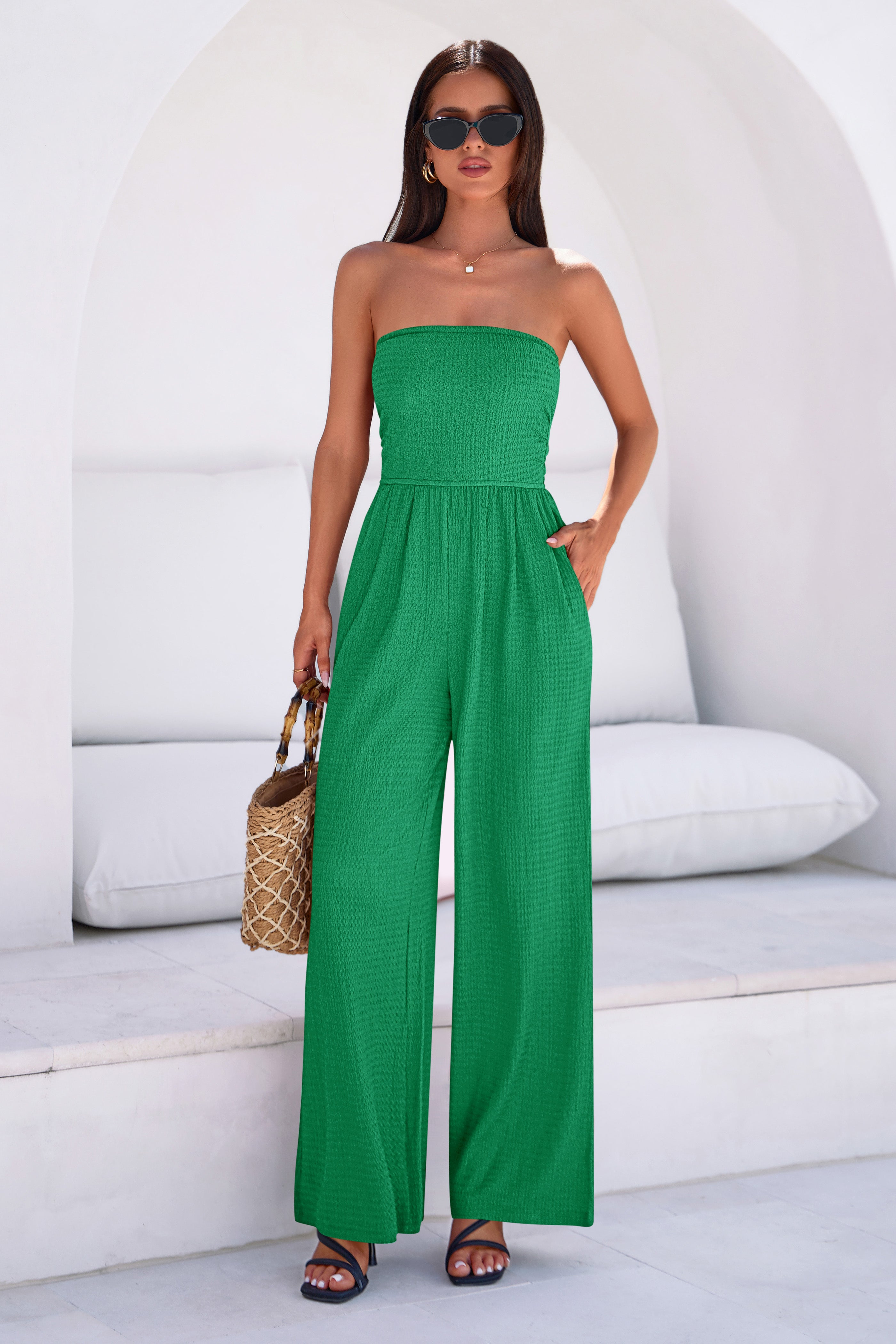 MASCOMODA One Piece Jumpsuits for Women Strapless Smocked Casual Rompers Long Pants with Pockets Vacation Summer Outfits