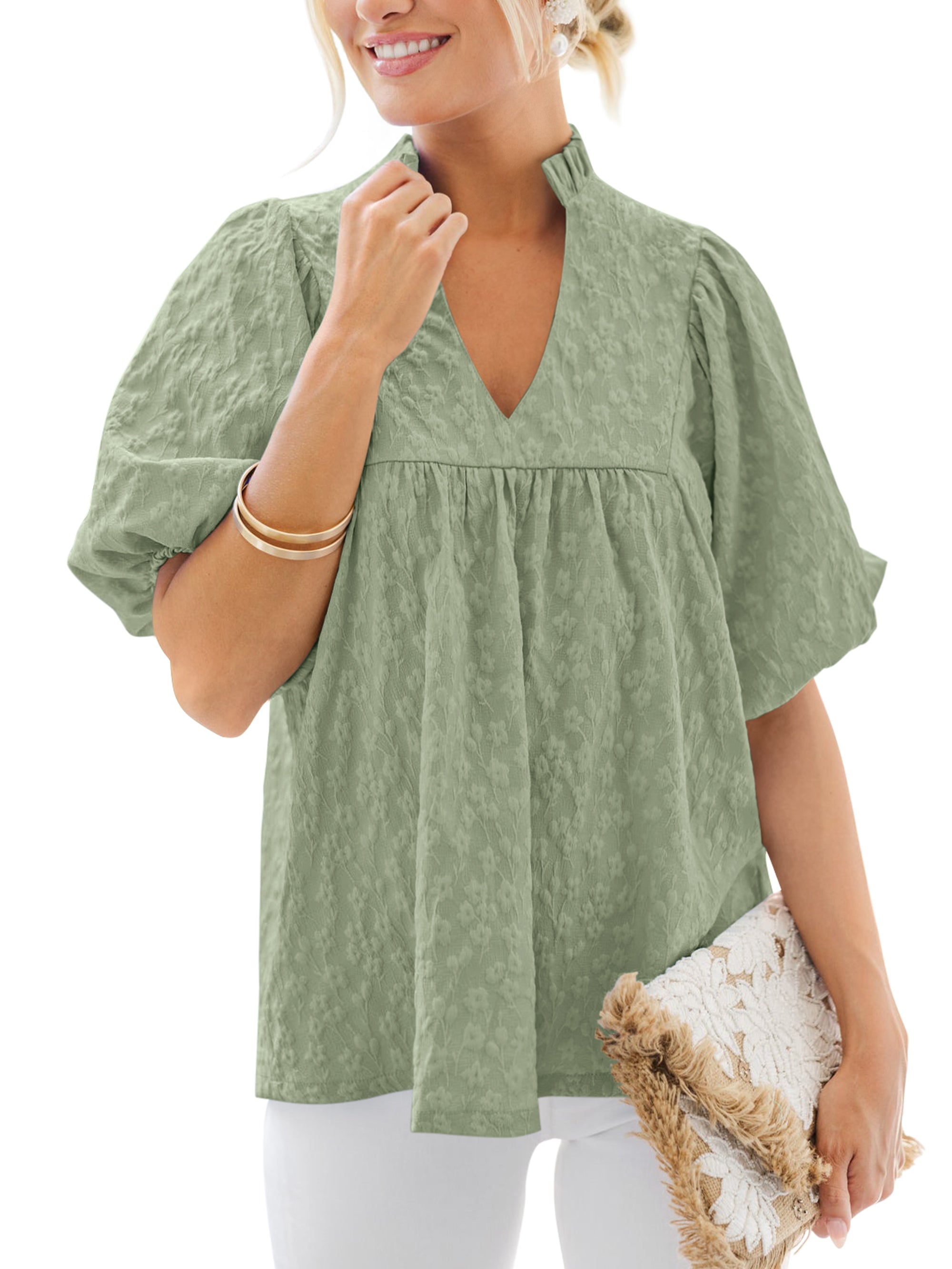 MASCOMODA Womens Summer Tops 2026 Ruffle V Neck Blouses Loose Puff Short Sleeve Jacquard Babydoll Tops Casual Dressy T-Shirts