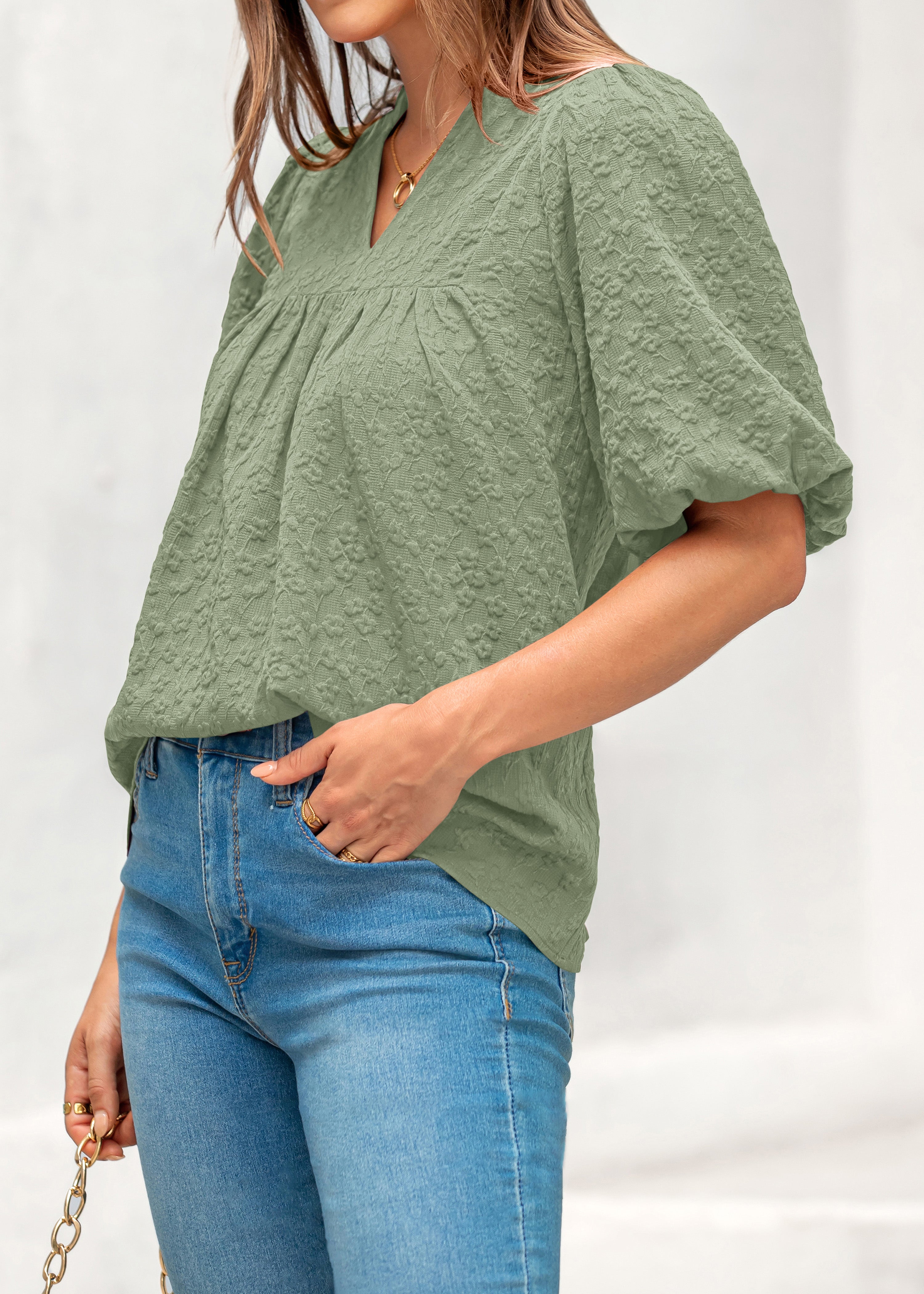 MASCOMODA Womens Summer Tops 2026 Ruffle V Neck Blouses Loose Puff Short Sleeve Jacquard Babydoll Tops Casual Dressy T-Shirts