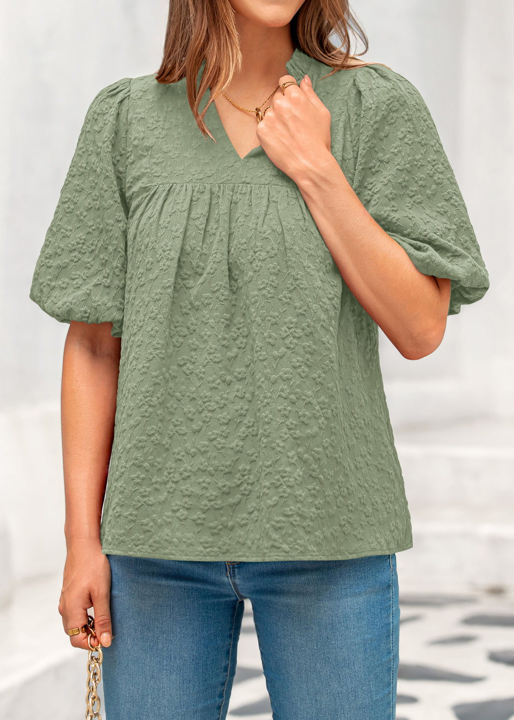 MASCOMODA Womens Summer Tops 2026 Ruffle V Neck Blouses Loose Puff Short Sleeve Jacquard Babydoll Tops Casual Dressy T-Shirts