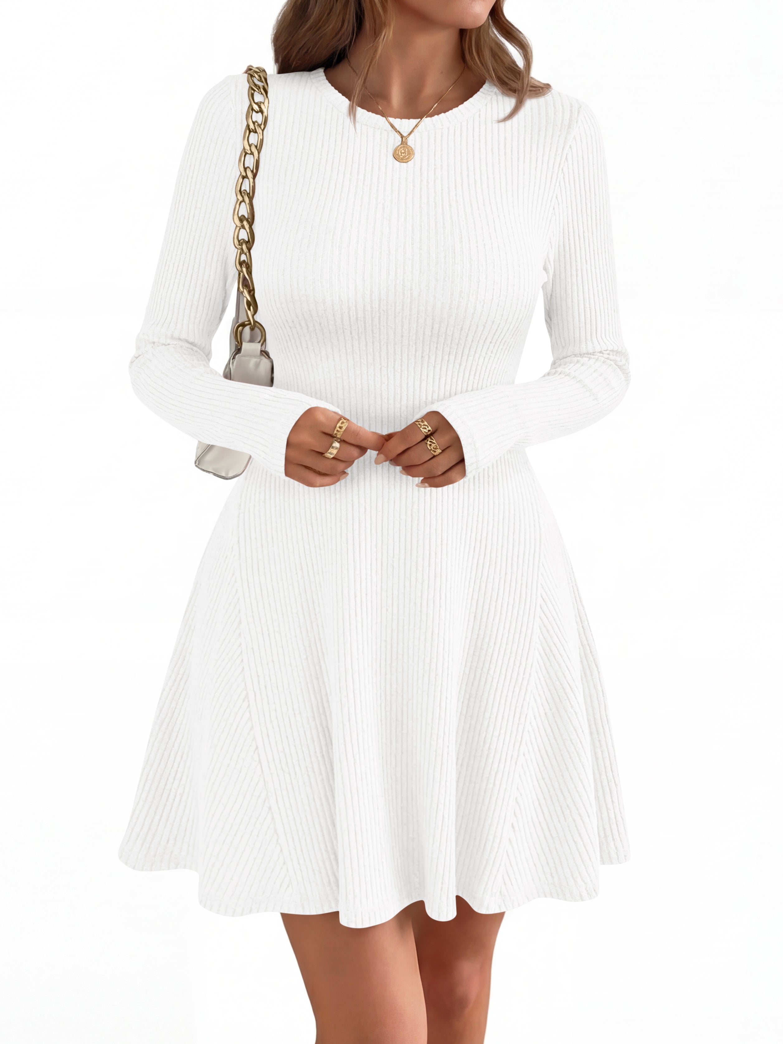 MASCOMODA Womens Fall Fashion 2026 Long Sleeve Mini Sweater Dress Casual Crewneck Ribbed Knit A Line Short Cocktail Dresses