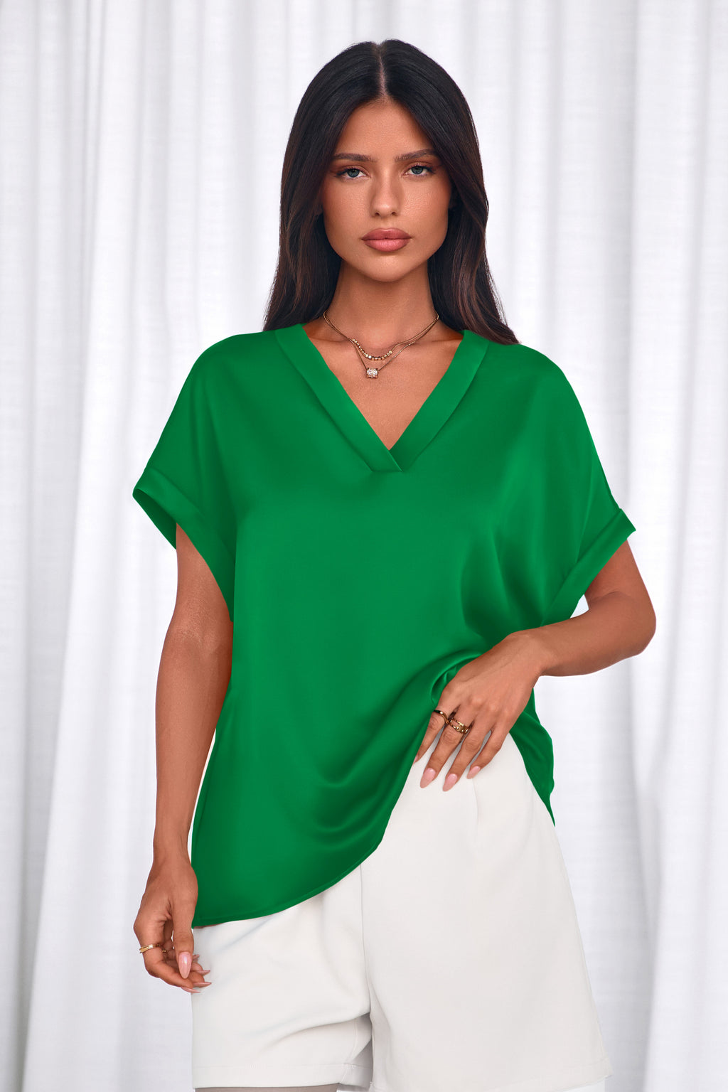 MASCOMODA Womens V Neck Silk Satin Tops Dressy Short Sleeve Work Blouses Spring Summer Loose T Shirts Business Casual Outfits