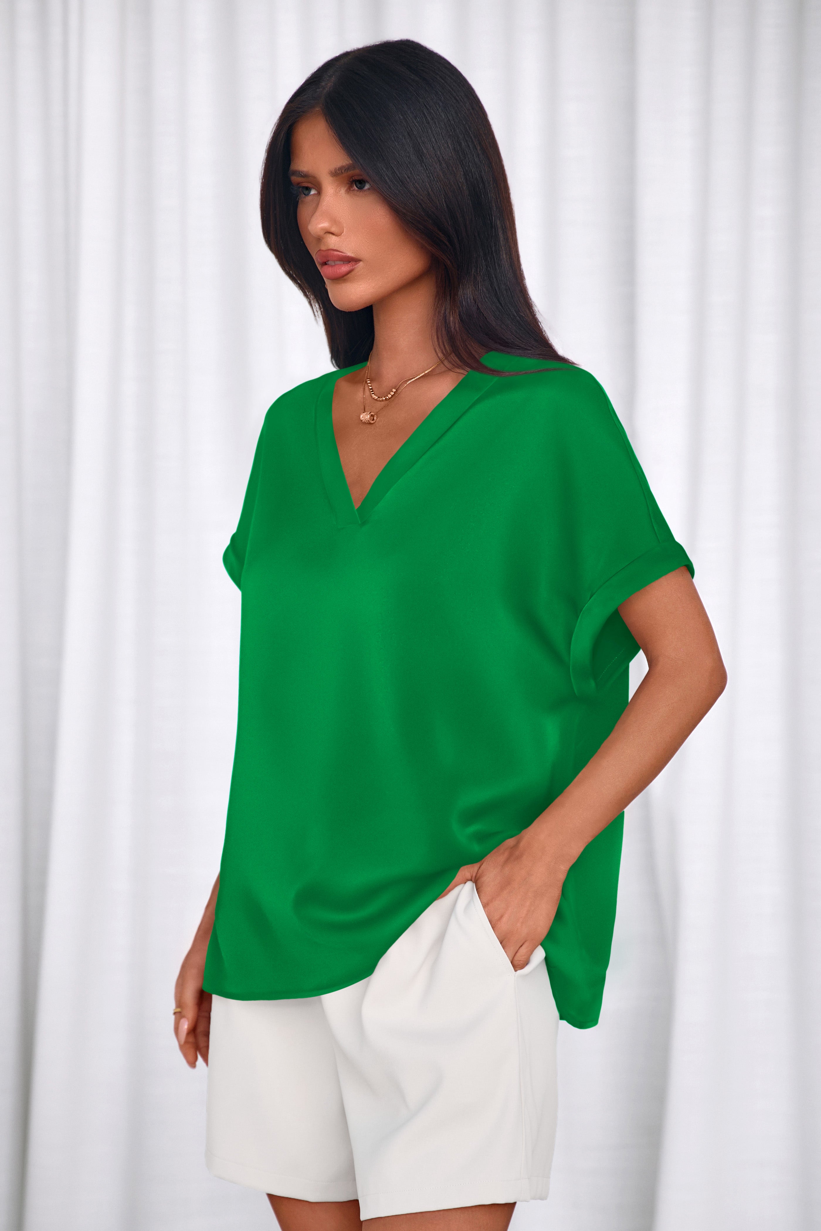 MASCOMODA Womens V Neck Silk Satin Tops Dressy Short Sleeve Work Blouses Spring Summer Loose T Shirts Business Casual Outfits