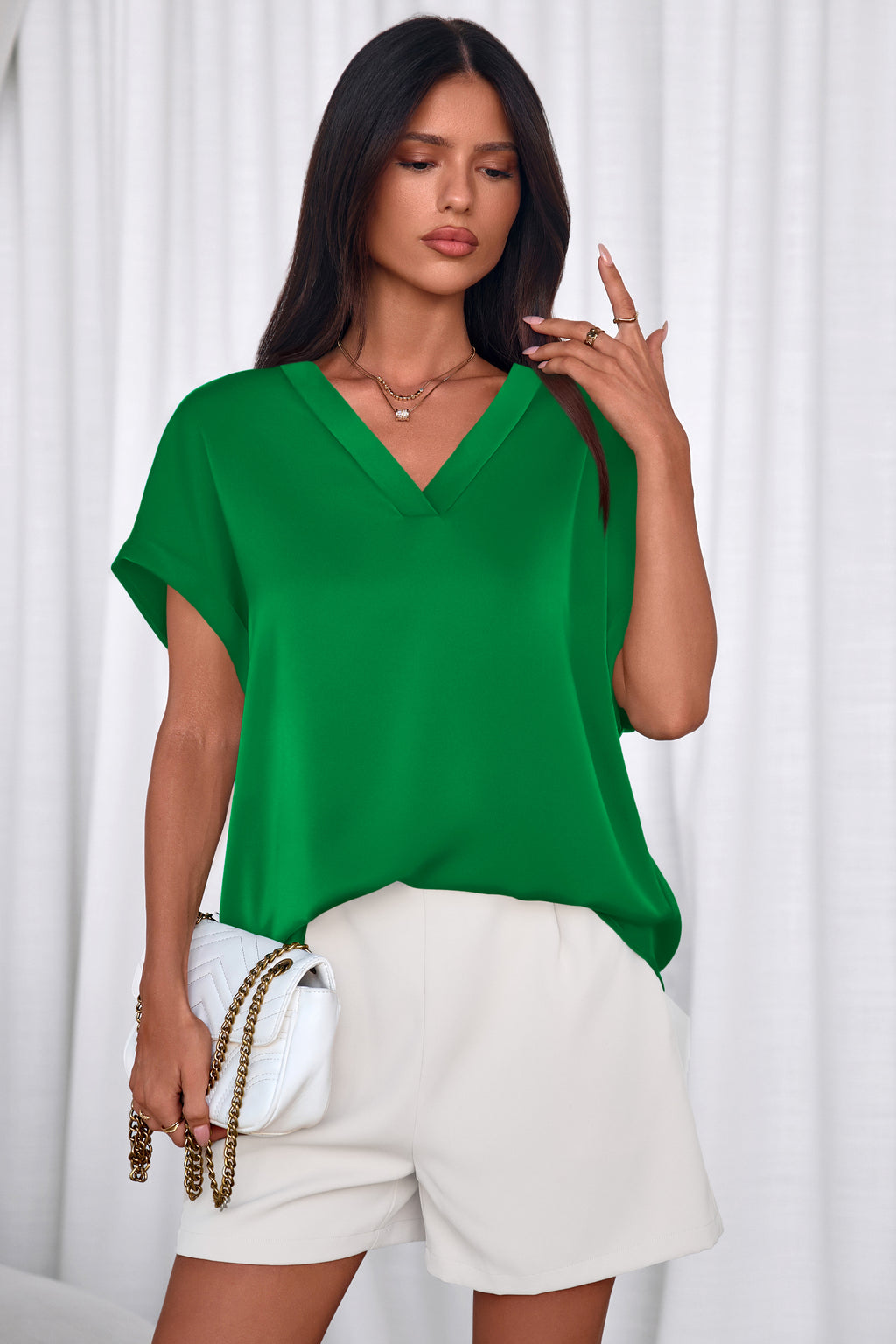 MASCOMODA Womens V Neck Silk Satin Tops Dressy Short Sleeve Work Blouses Spring Summer Loose T Shirts Business Casual Outfits