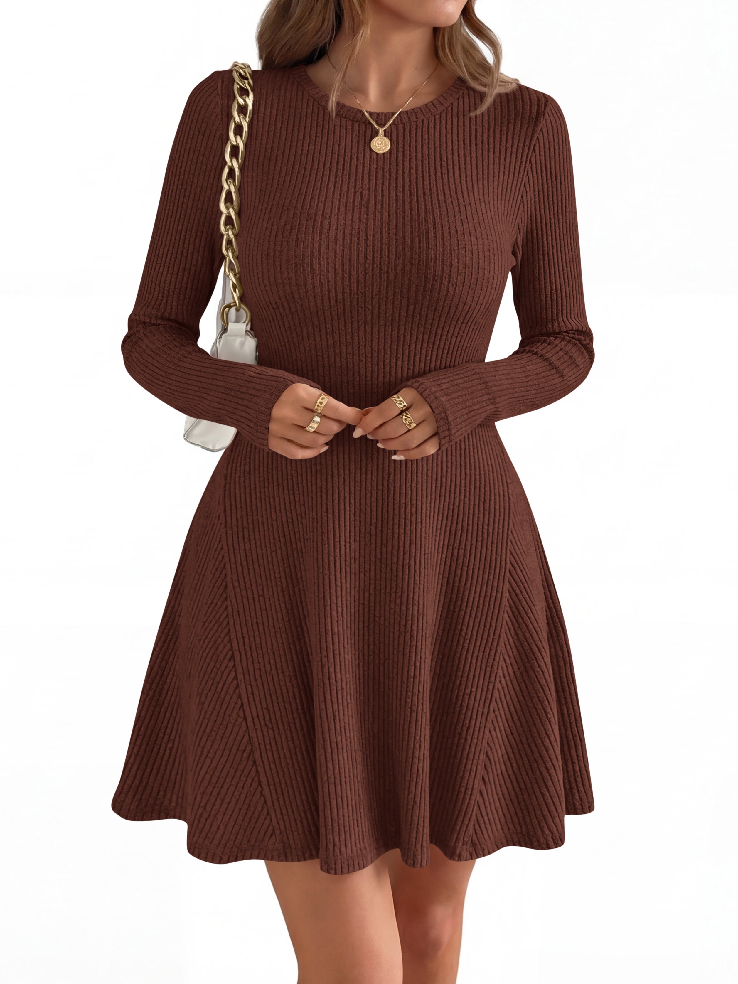 MASCOMODA Womens Fall Fashion 2026 Long Sleeve Mini Sweater Dress Casual Crewneck Ribbed Knit A Line Short Cocktail Dresses