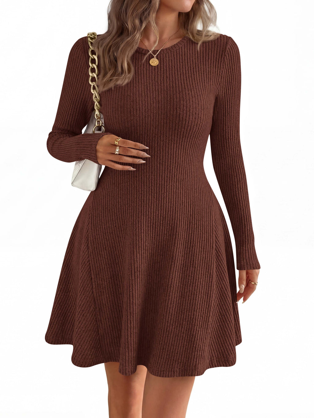 MASCOMODA Womens Fall Fashion 2026 Long Sleeve Mini Sweater Dress Casual Crewneck Ribbed Knit A Line Short Cocktail Dresses