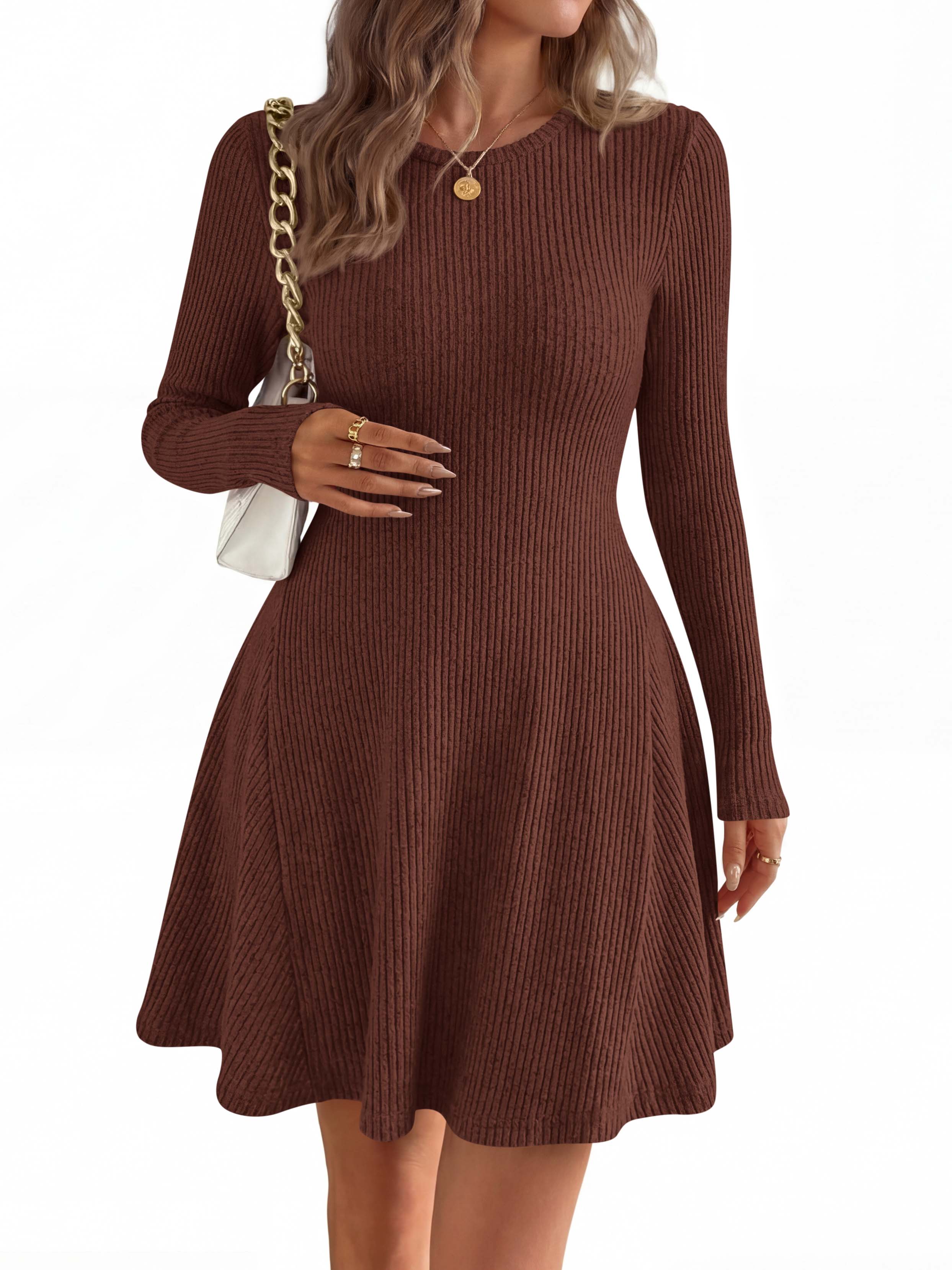 MASCOMODA Womens Fall Fashion 2026 Long Sleeve Mini Sweater Dress Casual Crewneck Ribbed Knit A Line Short Cocktail Dresses