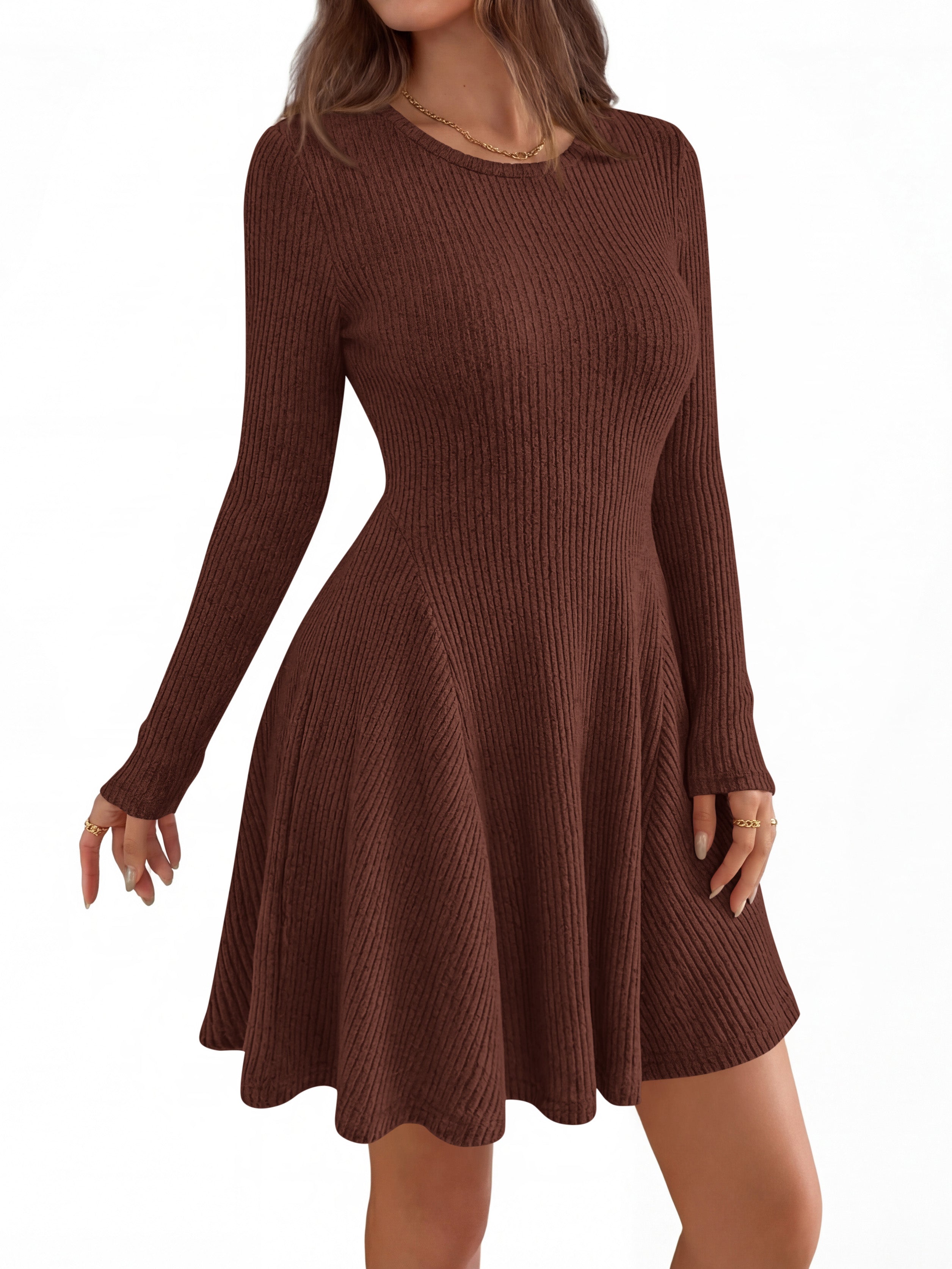 MASCOMODA Womens Fall Fashion 2026 Long Sleeve Mini Sweater Dress Casual Crewneck Ribbed Knit A Line Short Cocktail Dresses