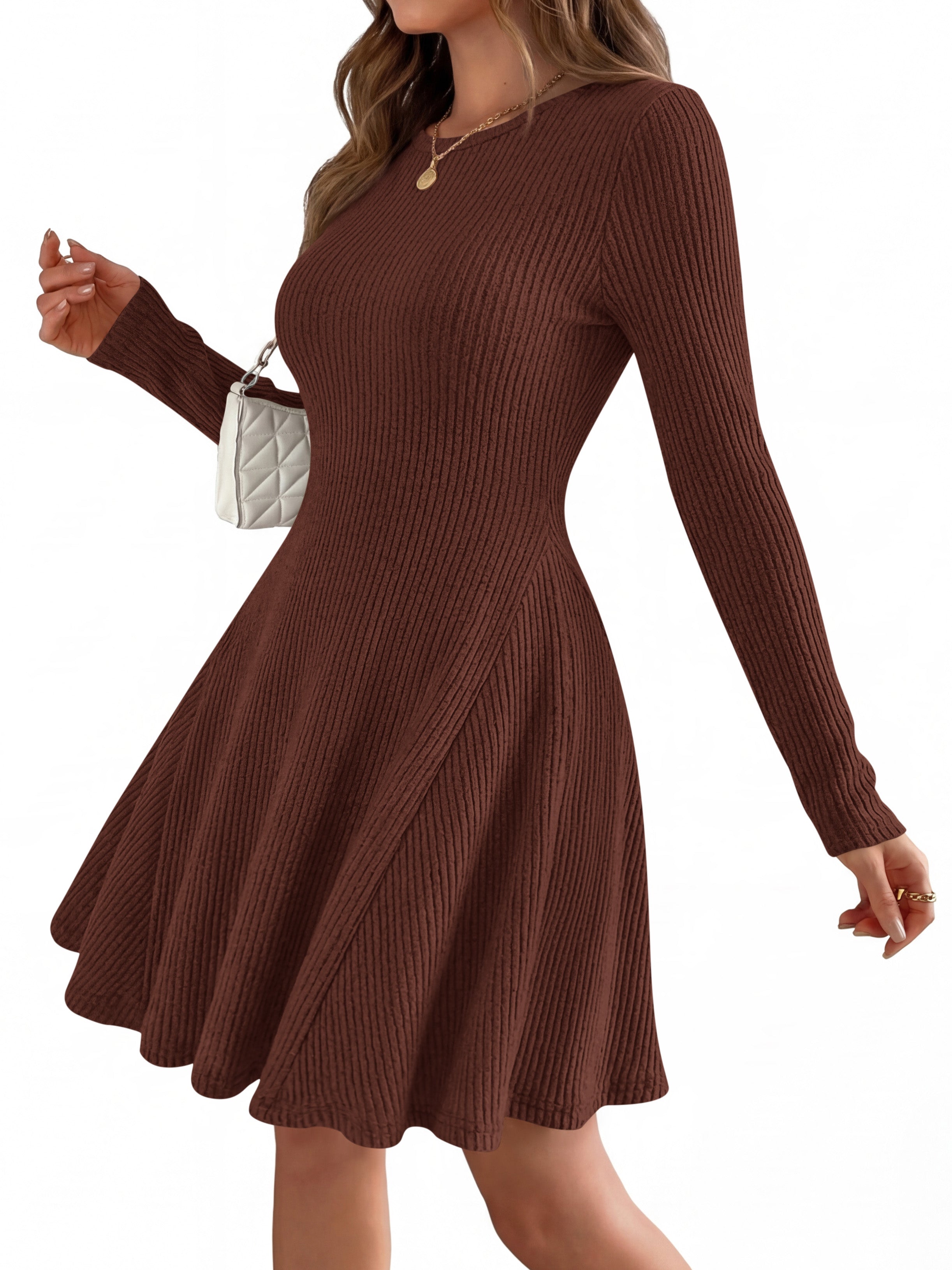 MASCOMODA Womens Fall Fashion 2026 Long Sleeve Mini Sweater Dress Casual Crewneck Ribbed Knit A Line Short Cocktail Dresses