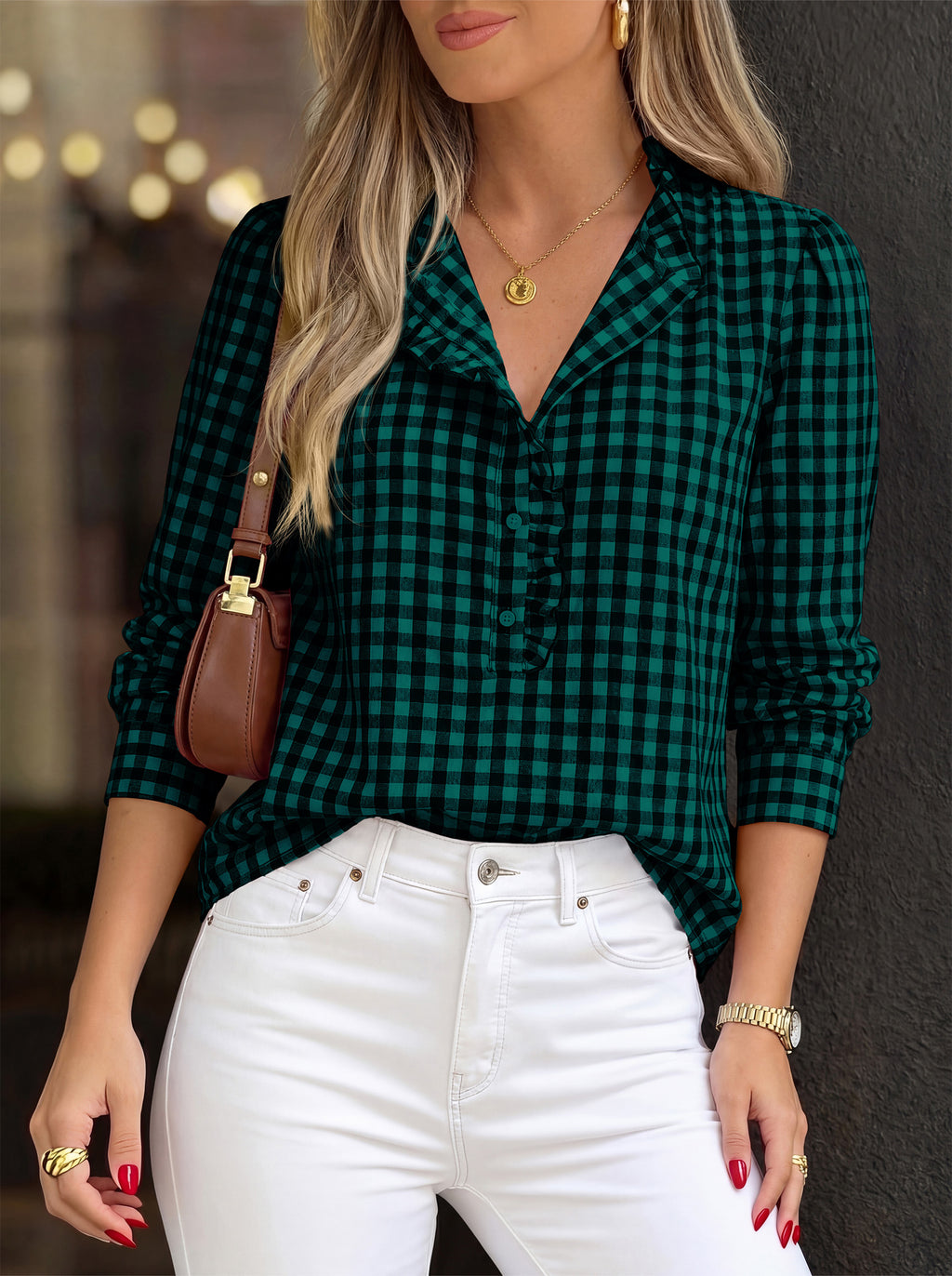MASCOMODA Womens Long Sleeve Button Down Tops Plaid Shirts | 100% Cotton Shirts, Lightweight, Ruffled Collar, Puff Sleeve Gingham Top, Business Casual Work Blouses, Fall Office Wear