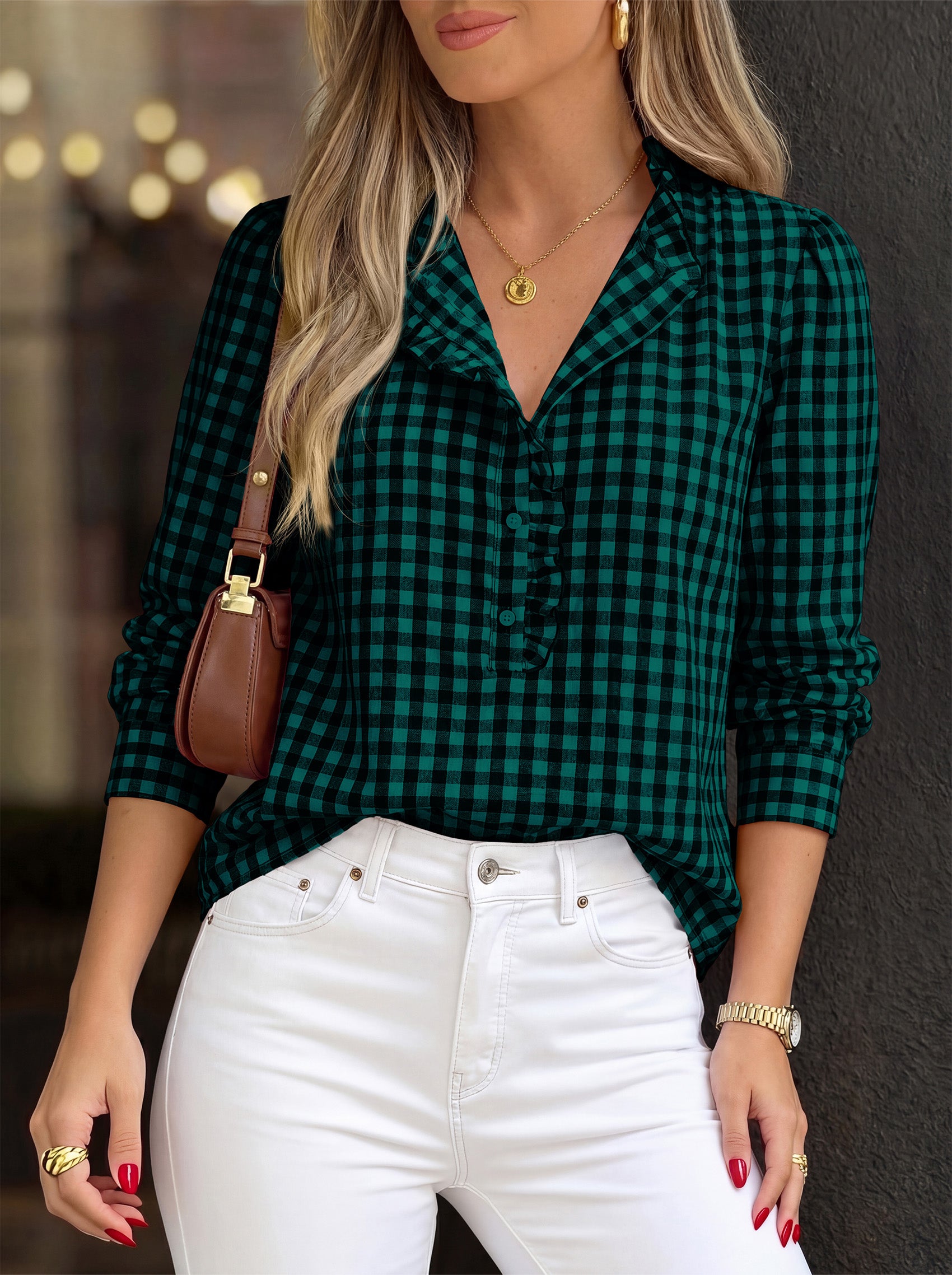MASCOMODA Womens Long Sleeve Button Down Tops Plaid Shirts | 100% Cotton Shirts, Lightweight, Ruffled Collar, Puff Sleeve Gingham Top, Business Casual Work Blouses, Fall Office Wear