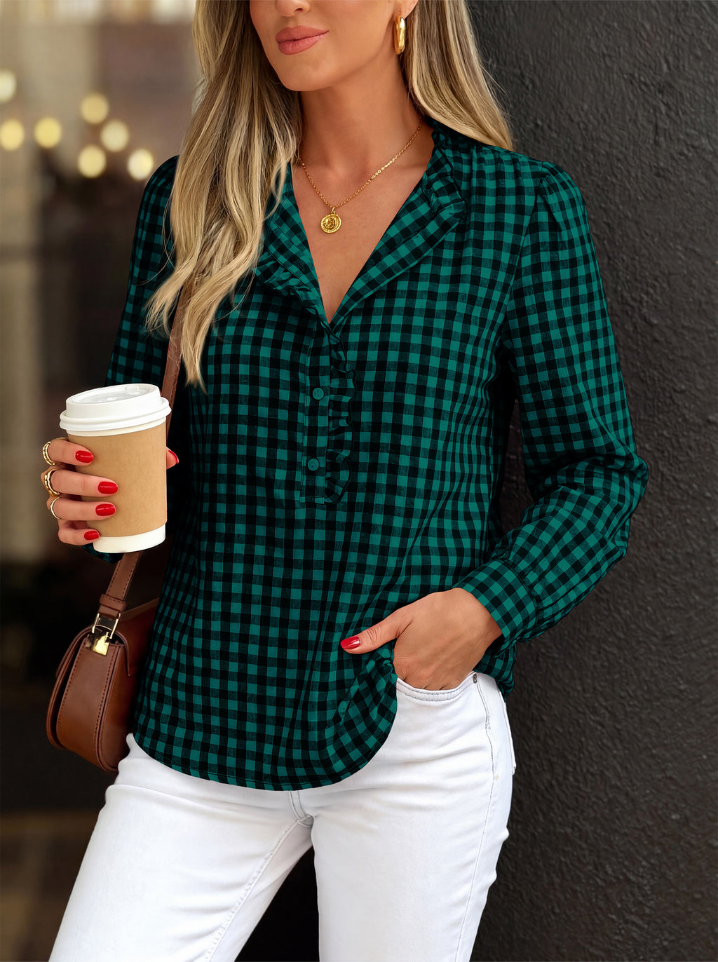 MASCOMODA Womens Long Sleeve Button Down Tops Plaid Shirts | 100% Cotton Shirts, Lightweight, Ruffled Collar, Puff Sleeve Gingham Top, Business Casual Work Blouses, Fall Office Wear