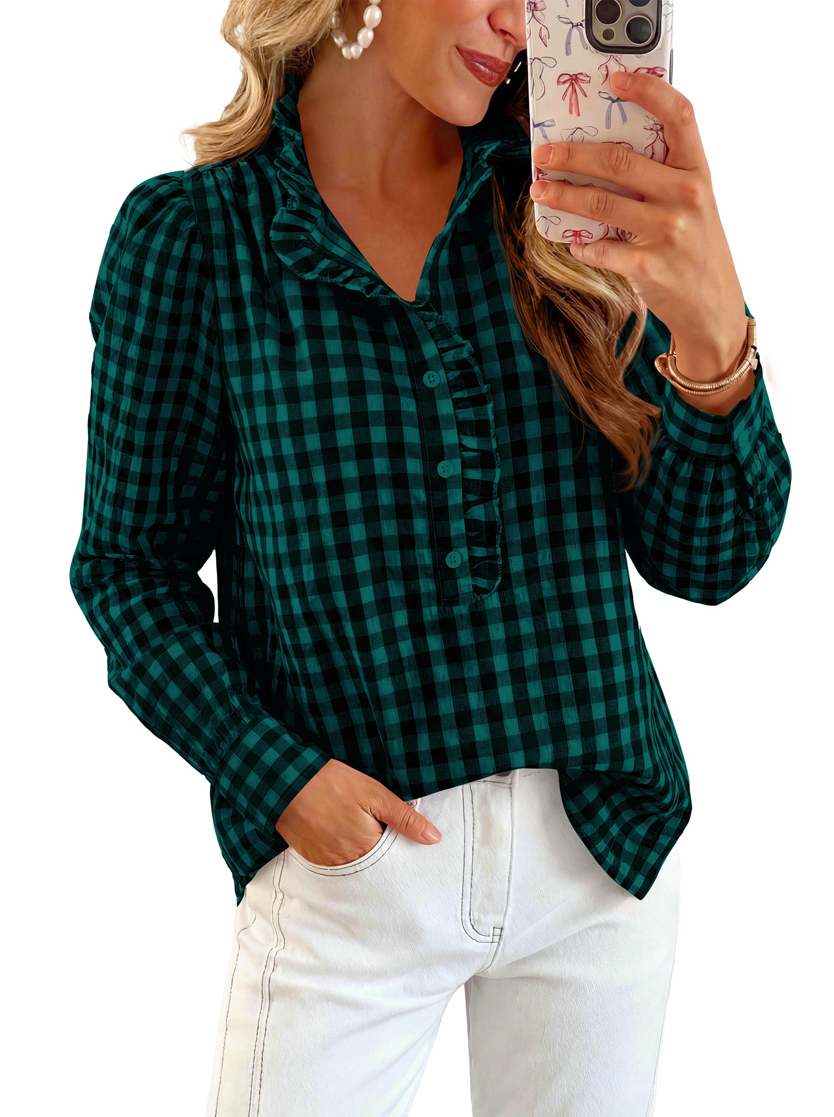 MASCOMODA Womens Long Sleeve Button Down Tops Plaid Shirts | 100% Cotton Shirts, Lightweight, Ruffled Collar, Puff Sleeve Gingham Top, Business Casual Work Blouses, Fall Office Wear