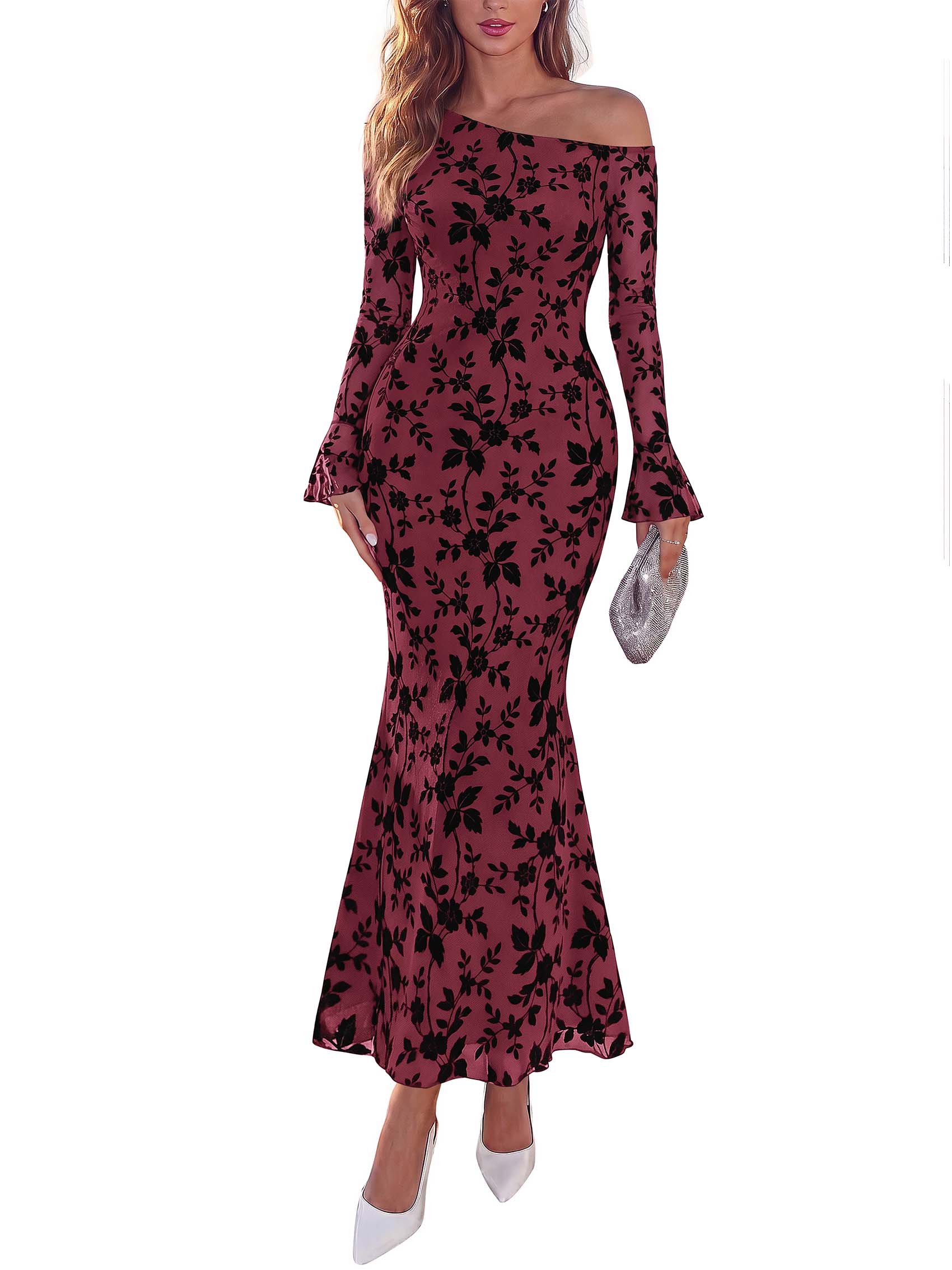 MASCOMODA Womens Off One Shoulder Long Sleeve Floral Mesh Maxi Dress Formal