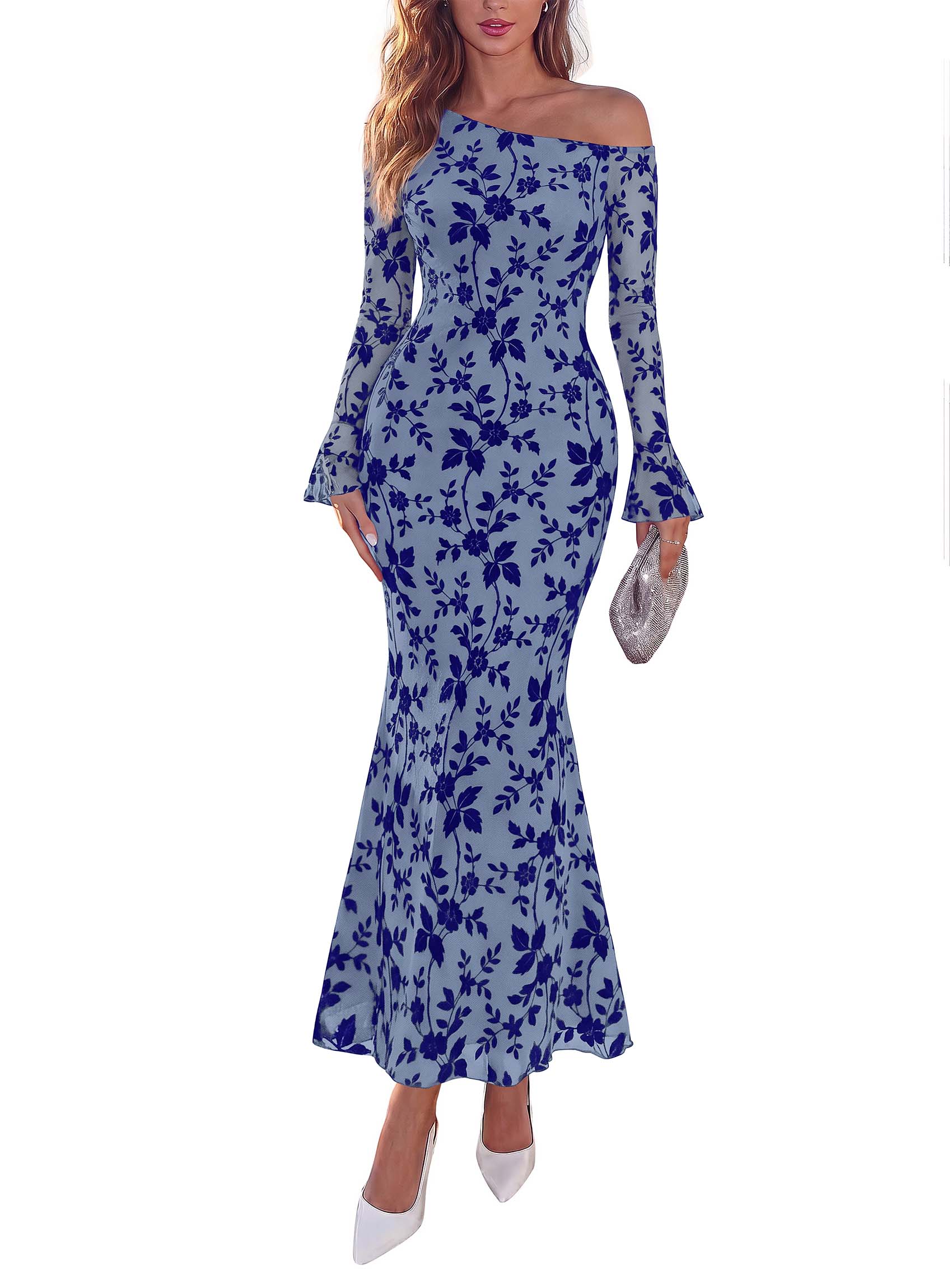 MASCOMODA Womens Off One Shoulder Long Sleeve Floral Mesh Maxi Dress Formal