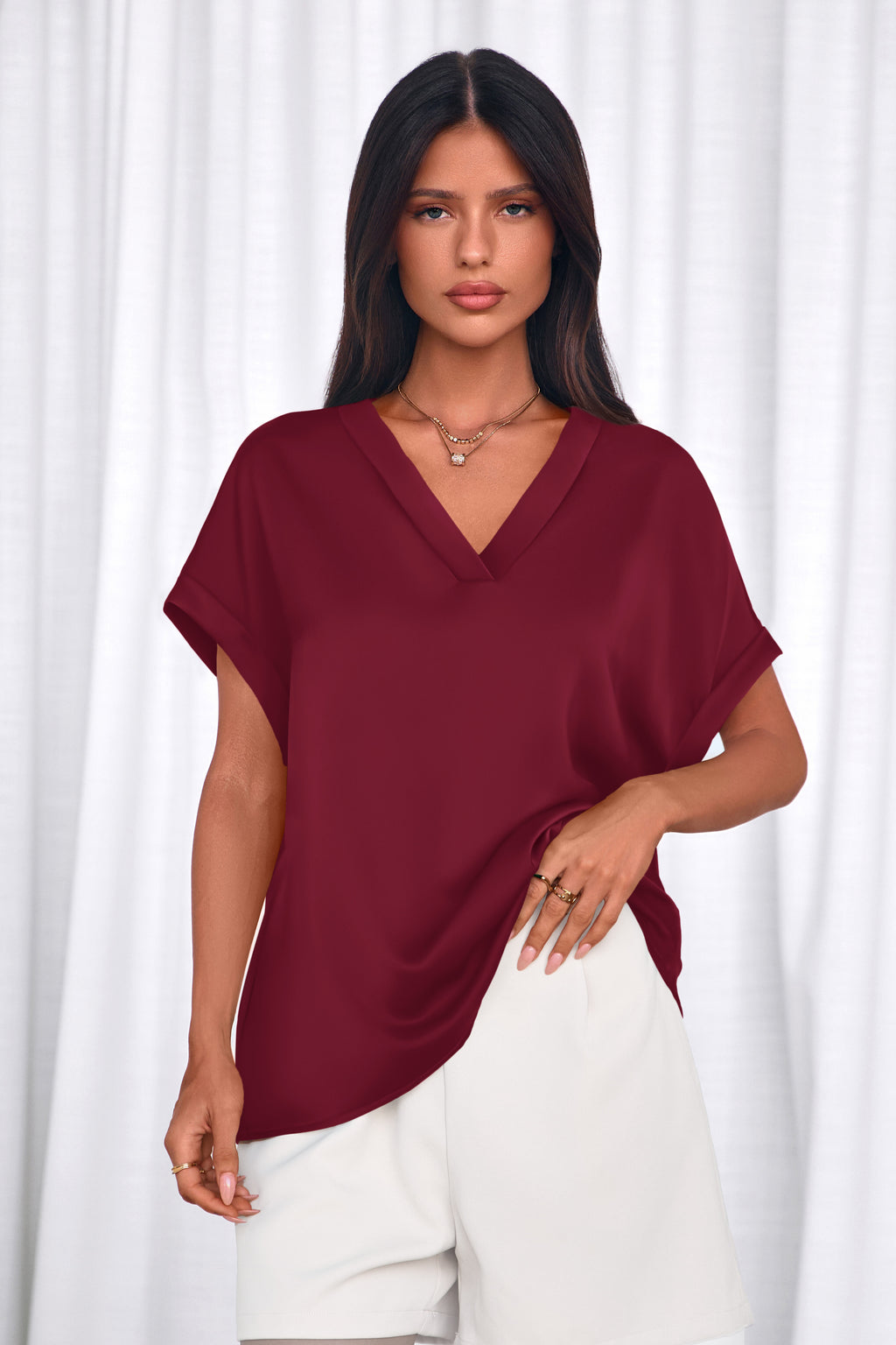 MASCOMODA Womens V Neck Silk Satin Tops Dressy Short Sleeve Work Blouses Spring Summer Loose T Shirts Business Casual Outfits