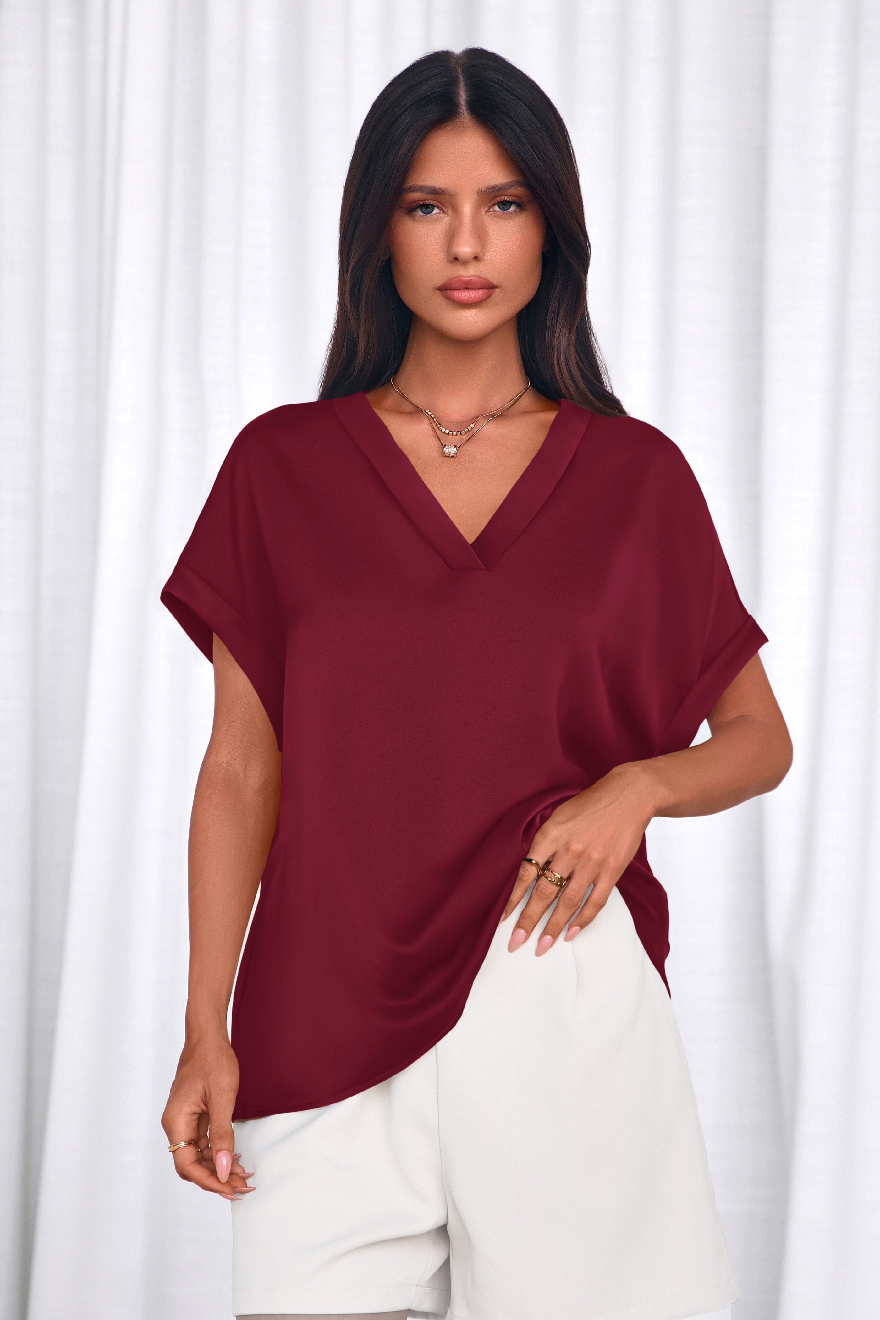 MASCOMODA Womens V Neck Silk Satin Tops Dressy Short Sleeve Work Blouses Spring Summer Loose T Shirts Business Casual Outfits