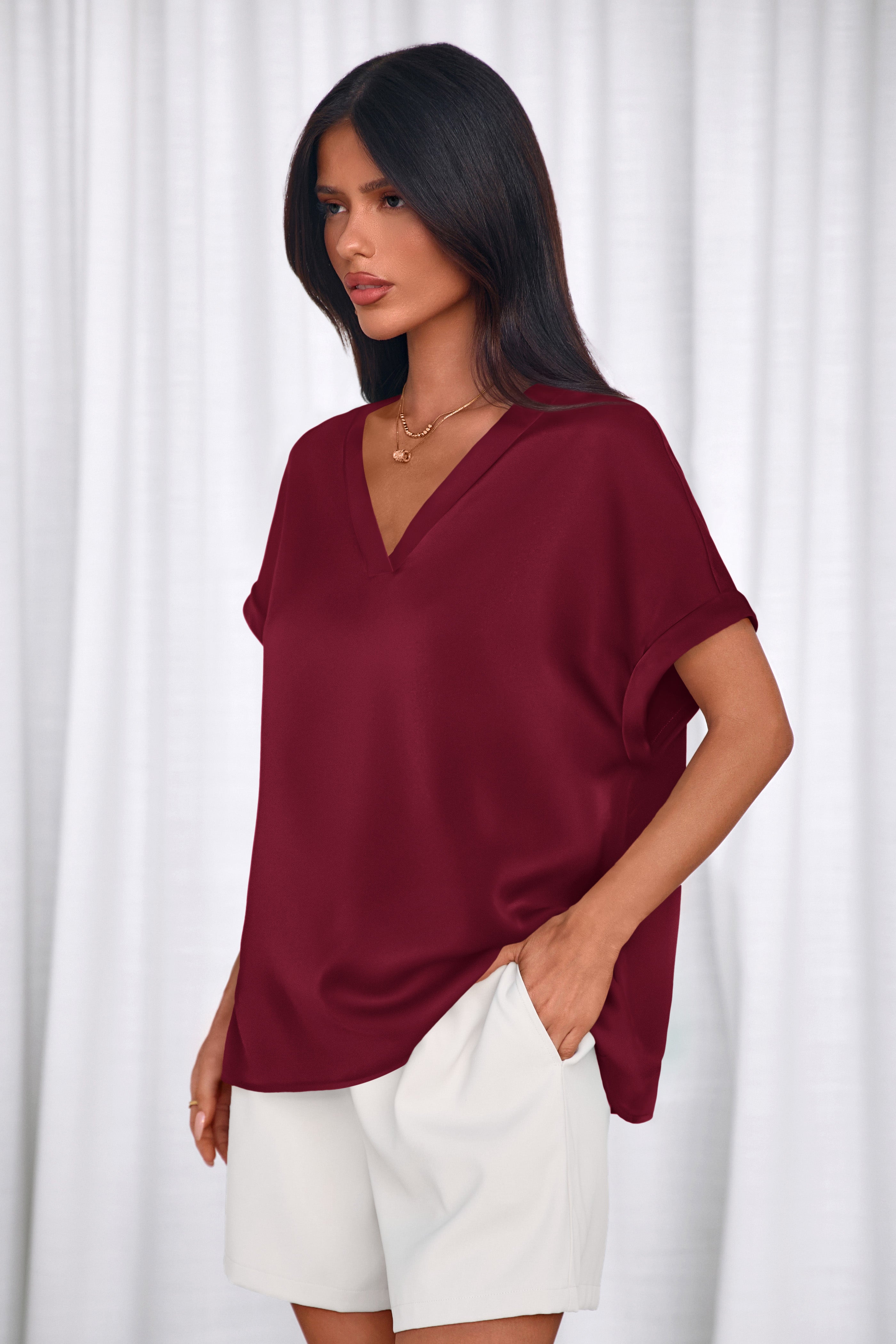 MASCOMODA Womens V Neck Silk Satin Tops Dressy Short Sleeve Work Blouses Spring Summer Loose T Shirts Business Casual Outfits