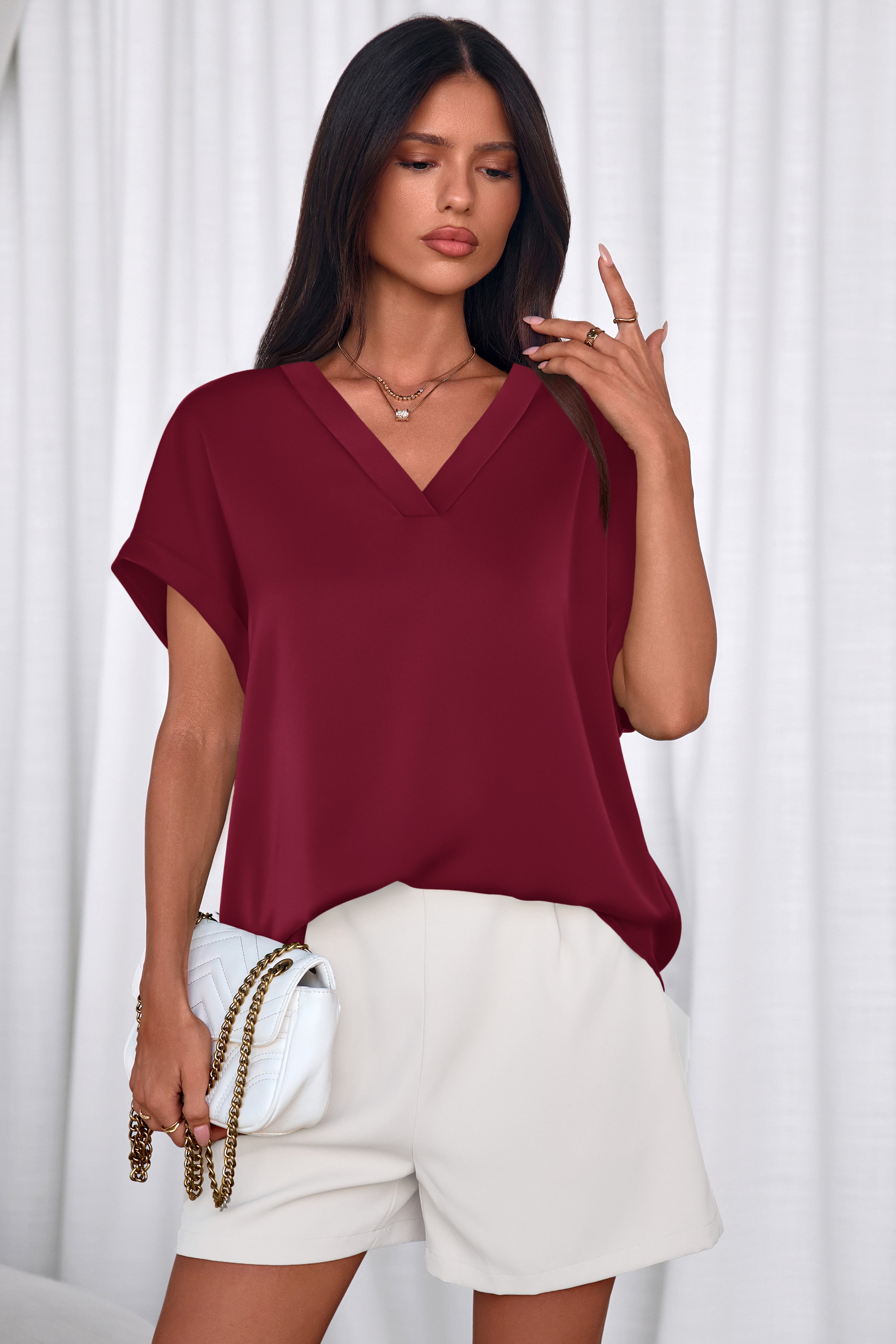 MASCOMODA Womens V Neck Silk Satin Tops Dressy Short Sleeve Work Blouses Spring Summer Loose T Shirts Business Casual Outfits
