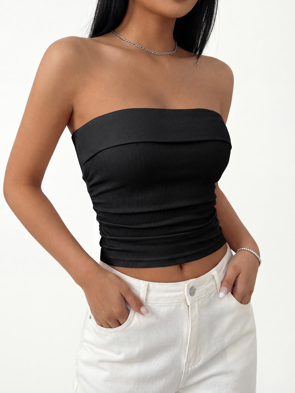 MASCOMODA Womens Fashion 2026 Summer Tube Top Strapless Bandeau Ruched Basic Backless Sleeveless Going Out Tops Y2k Clothes